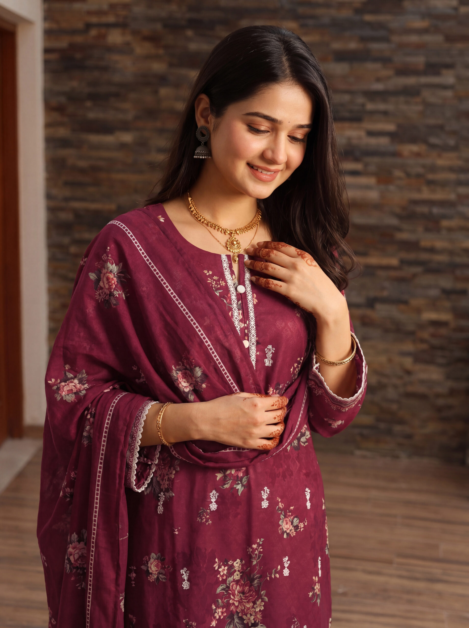 FB-335 | Maroon Orchid | 3 Pcs Unstitch With Cotton Trouser - Image 5