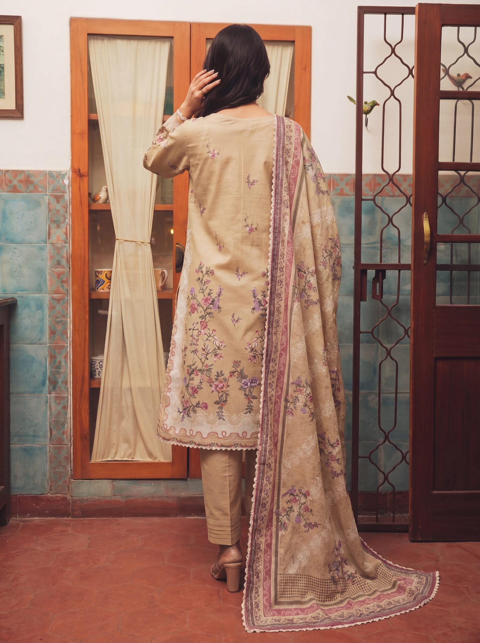 FB-335 | Biscuit Beige | 3 Pcs Unstitch With Cotton Trouser - Image 2