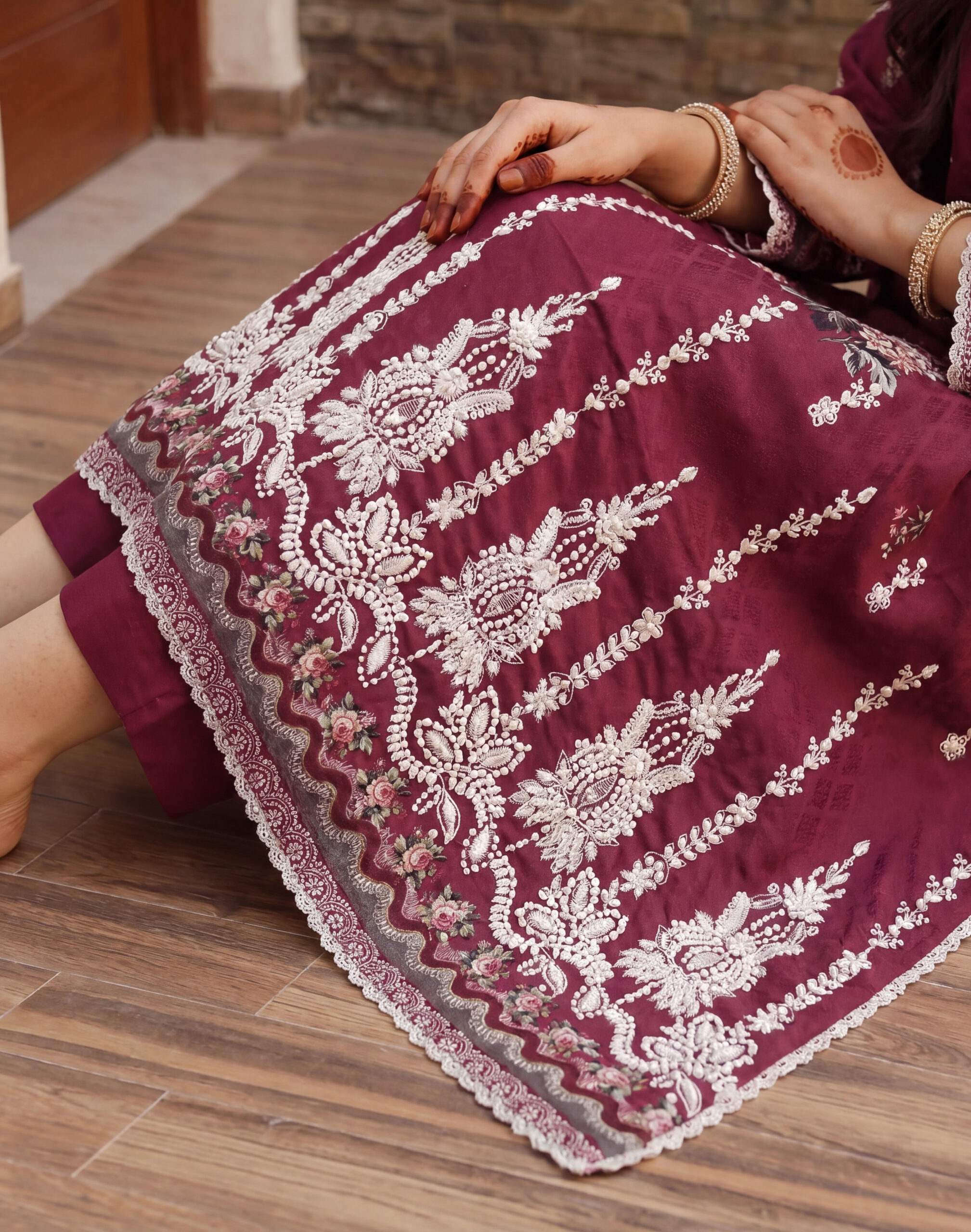 FB-335 | Maroon Orchid | 3 Pcs Unstitch With Cotton Trouser - Image 3