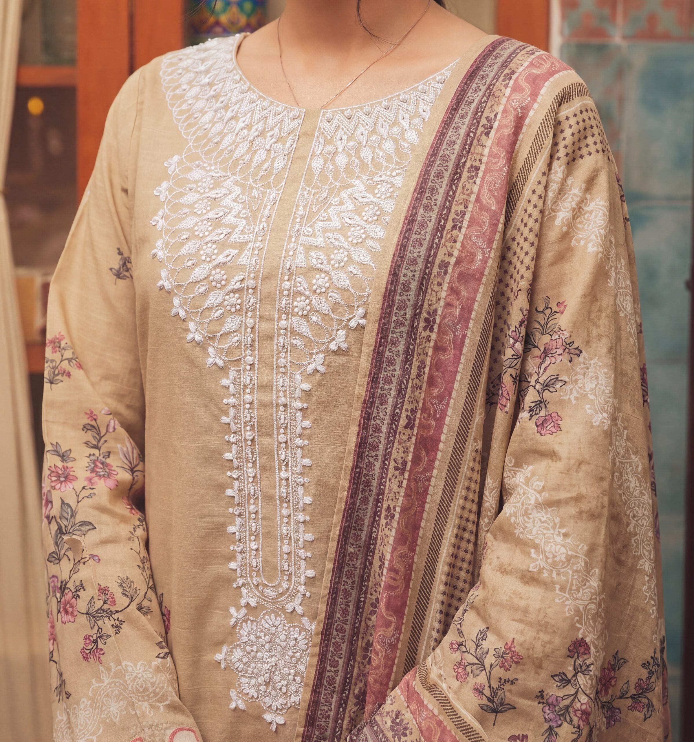 FB-335 | Biscuit Beige | 3 Pcs Unstitch With Cotton Trouser - Image 3