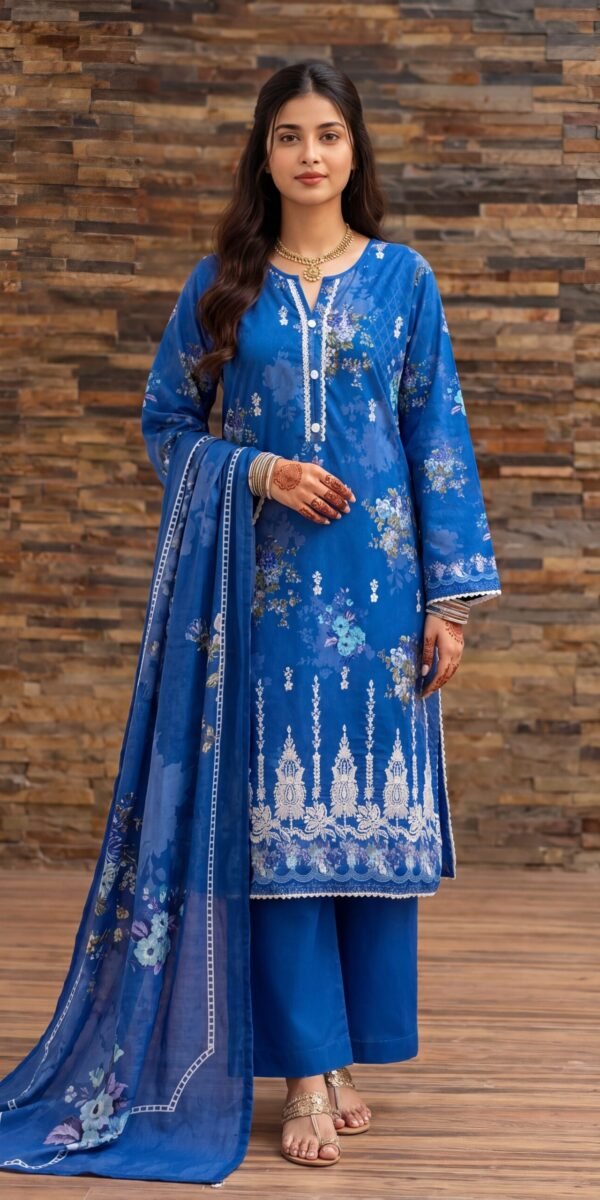 FB-335 | Regal Blue | 3 Pcs Unstitch With Cotton Trouser