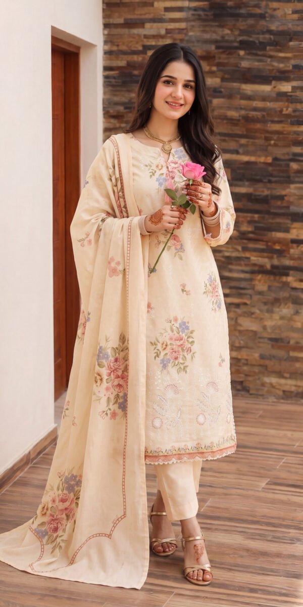 FB-336 | Floral Cream | 3 Pcs Unstitch With Cotton Trouser
