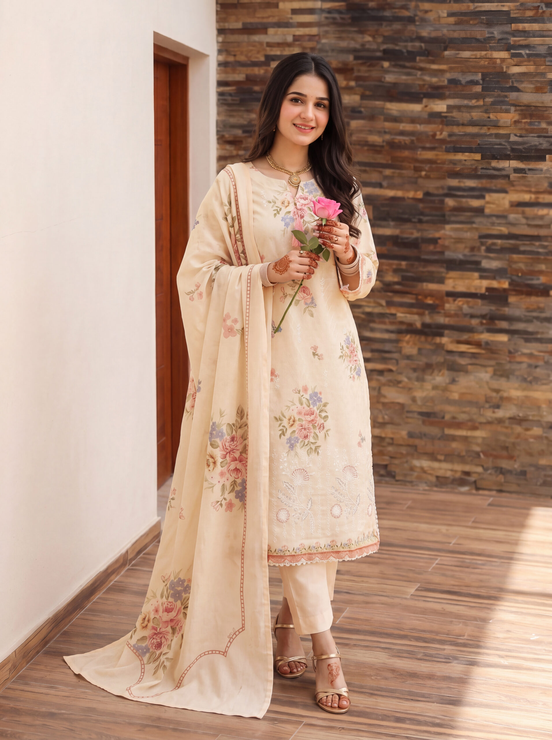 FB-336 | Floral Cream | 3 Pcs Unstitch With Cotton Trouser