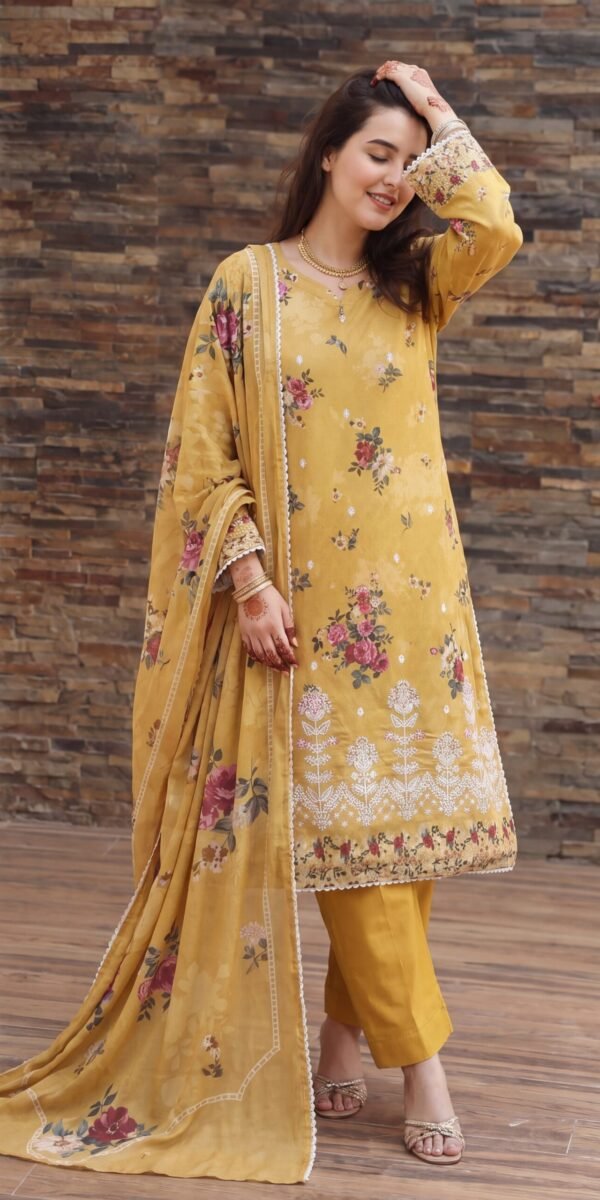 FB-336 | Mustard Blossom | 3 Pcs Unstitch With Cotton Trouser