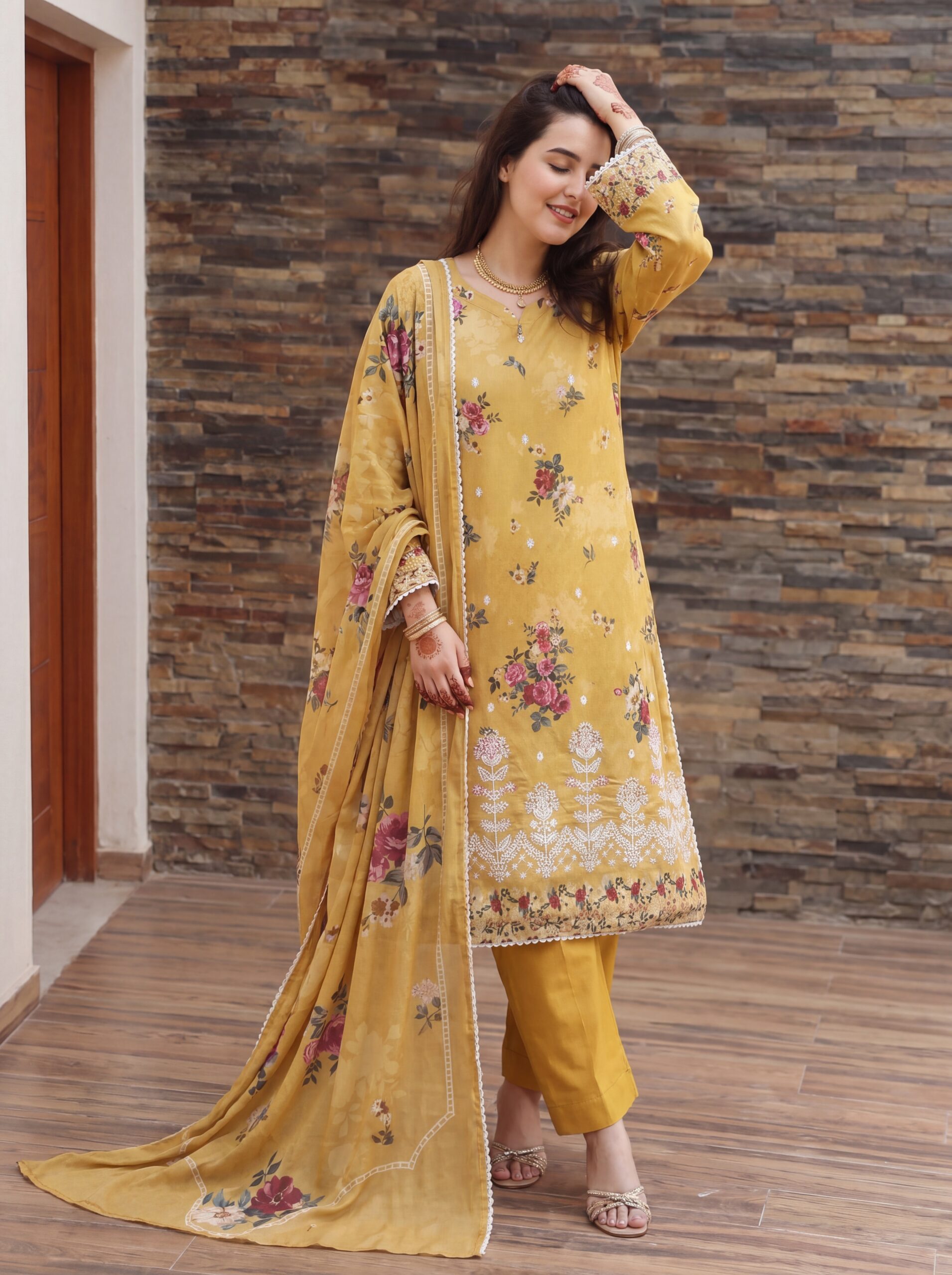 FB-336 | Mustard Blossom | 3 Pcs Unstitch With Cotton Trouser