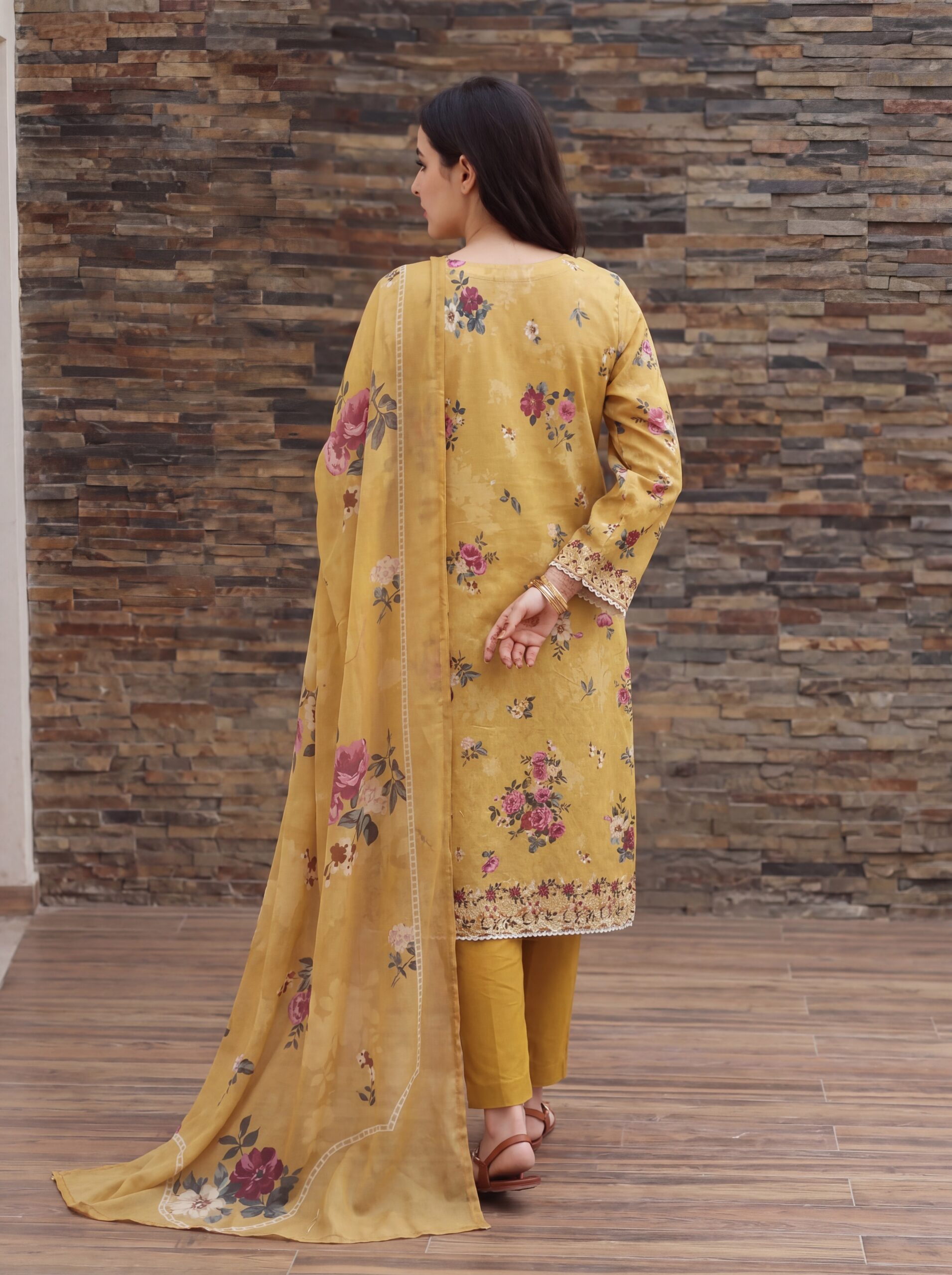 FB-336 | Mustard Blossom | 3 Pcs Unstitch With Cotton Trouser - Image 2