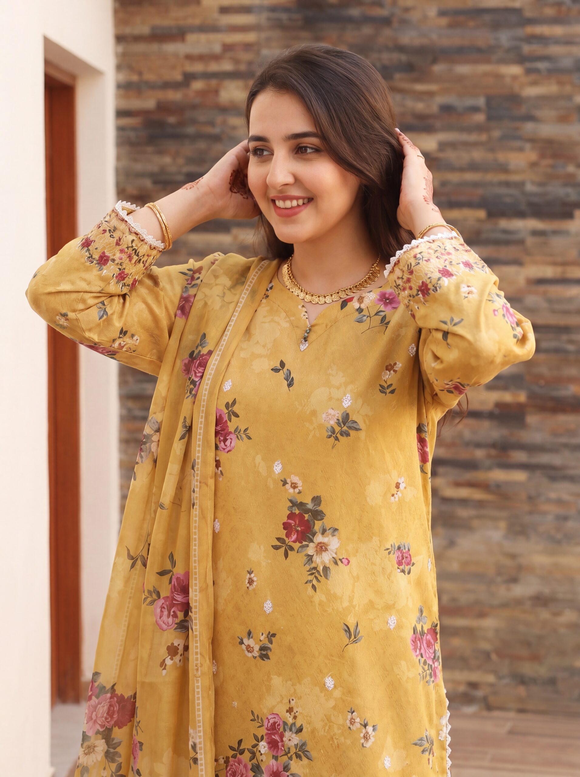FB-336 | Mustard Blossom | 3 Pcs Unstitch With Cotton Trouser - Image 5