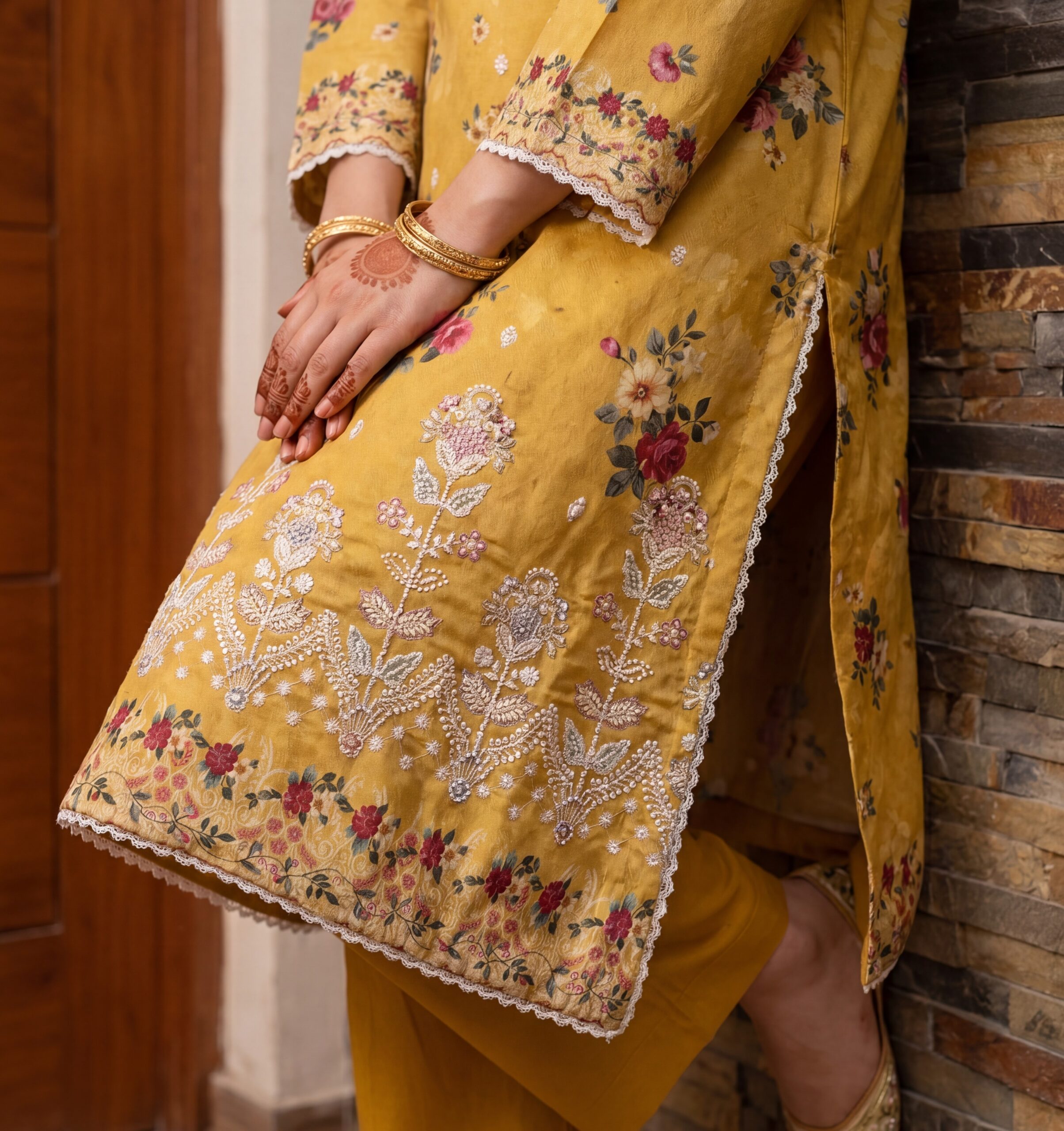 FB-336 | Mustard Blossom | 3 Pcs Unstitch With Cotton Trouser - Image 3