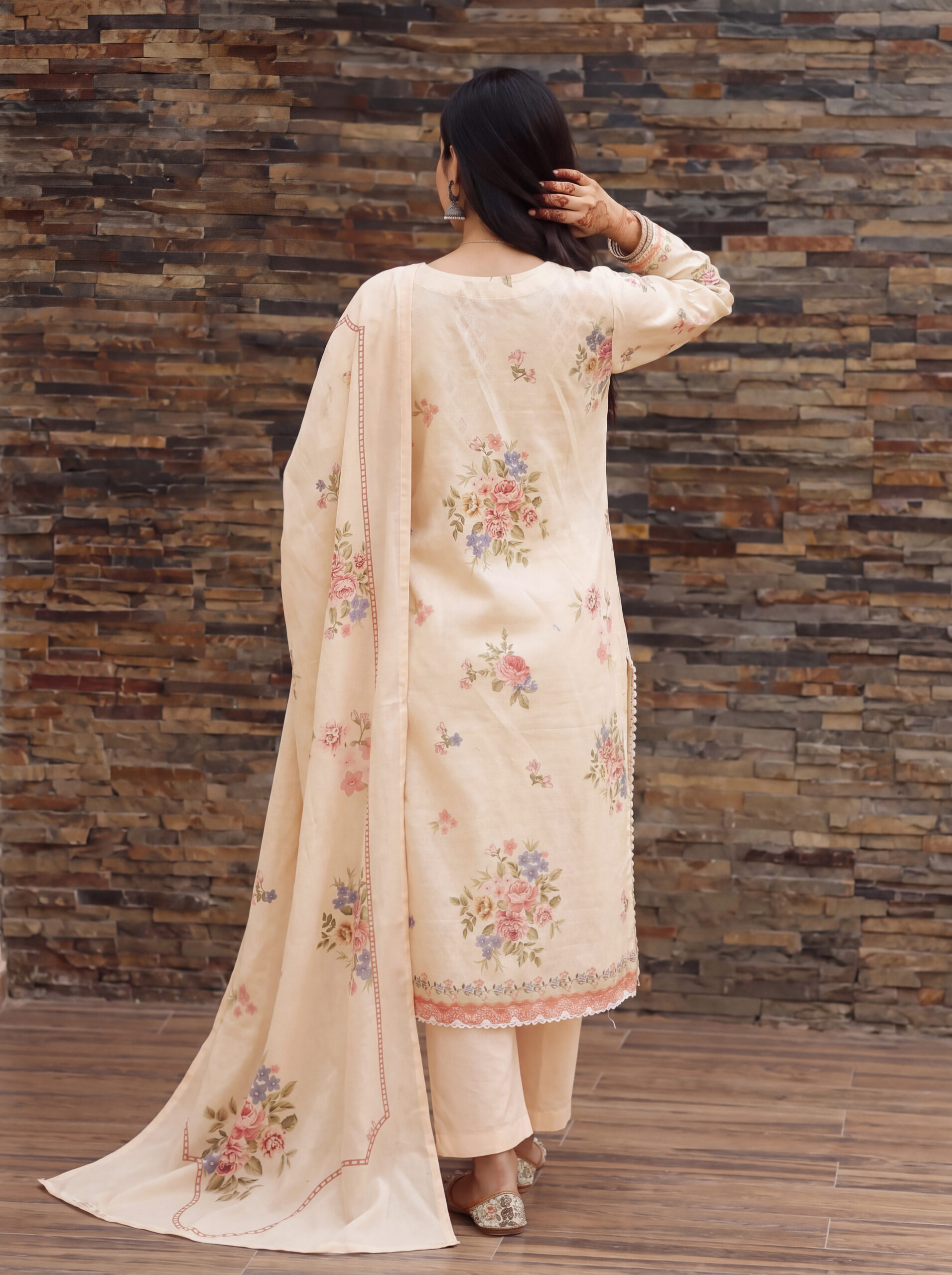 FB-336 | Floral Cream | 3 Pcs Unstitch With Cotton Trouser - Image 2