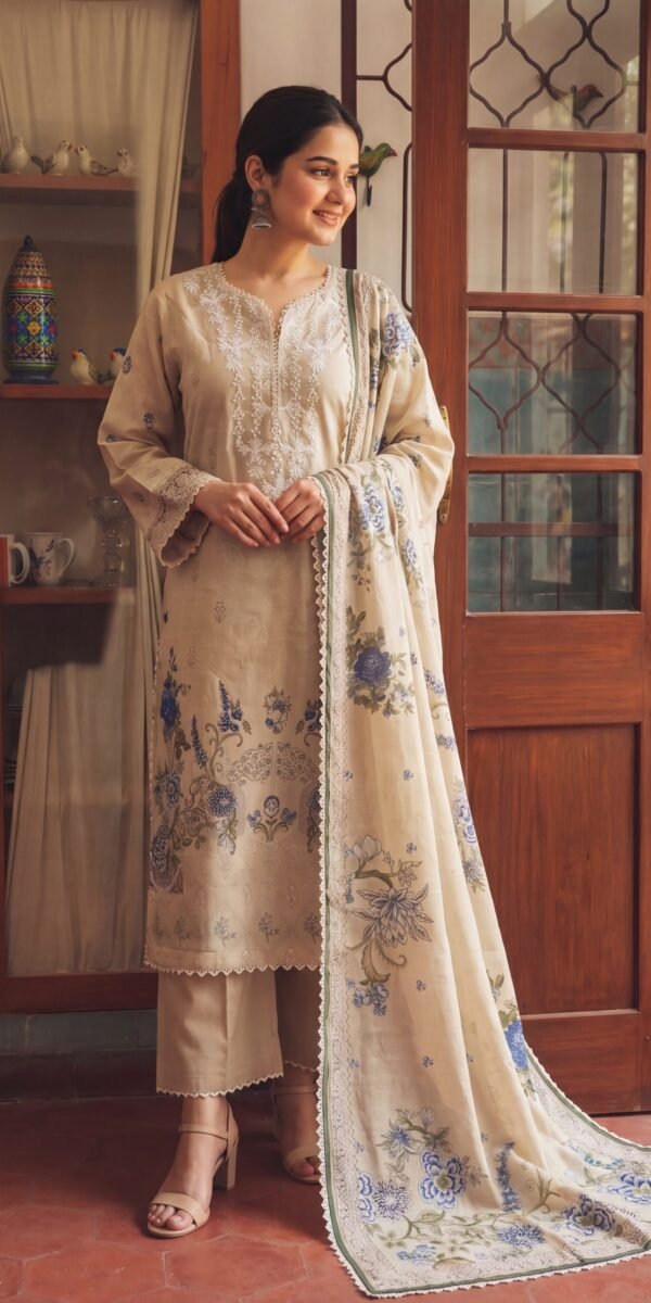 FB-336 | Dusty Cream | 3 Pcs Unstitch With Cotton Trouser