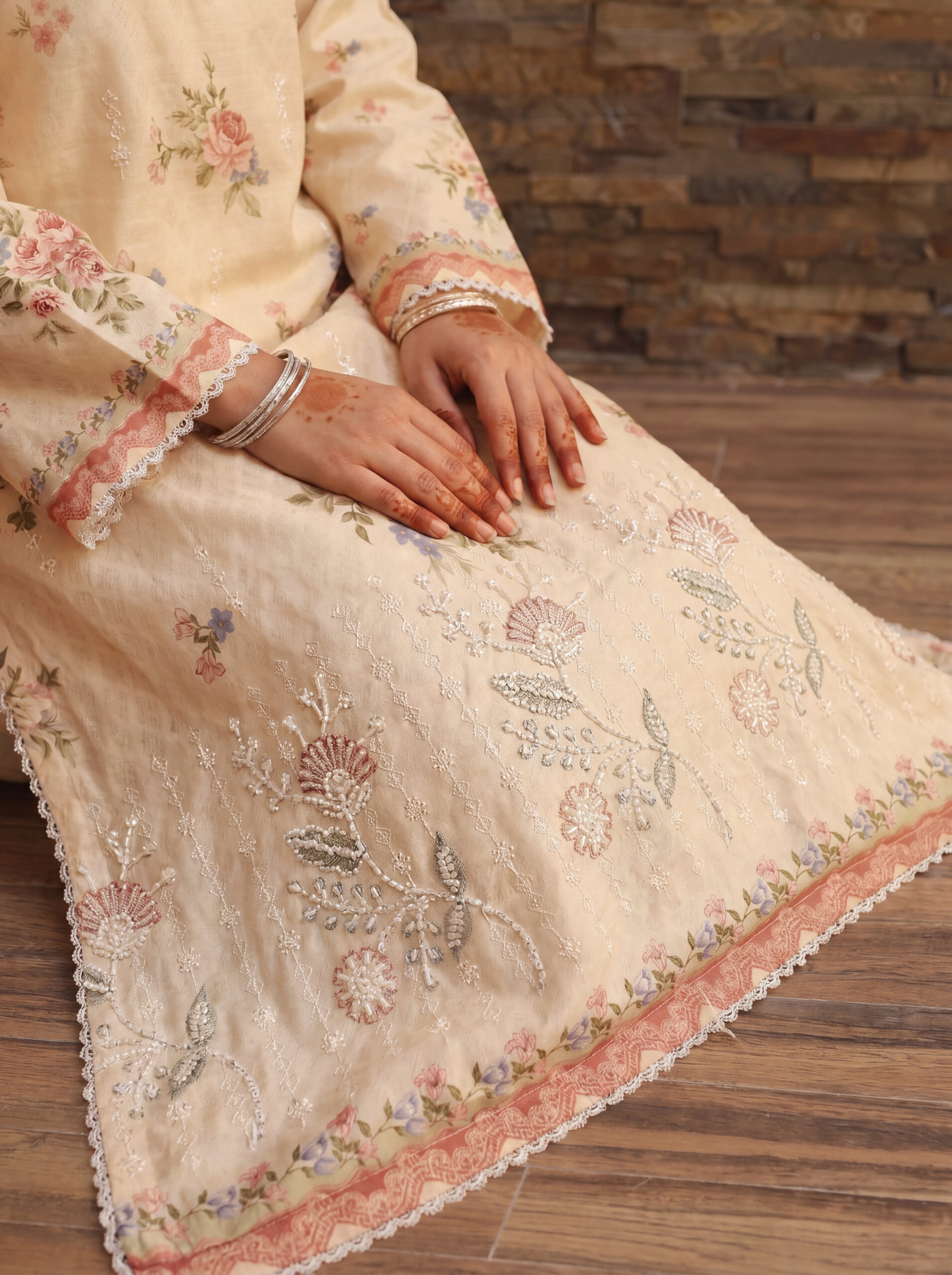 FB-336 | Floral Cream | 3 Pcs Unstitch With Cotton Trouser - Image 3