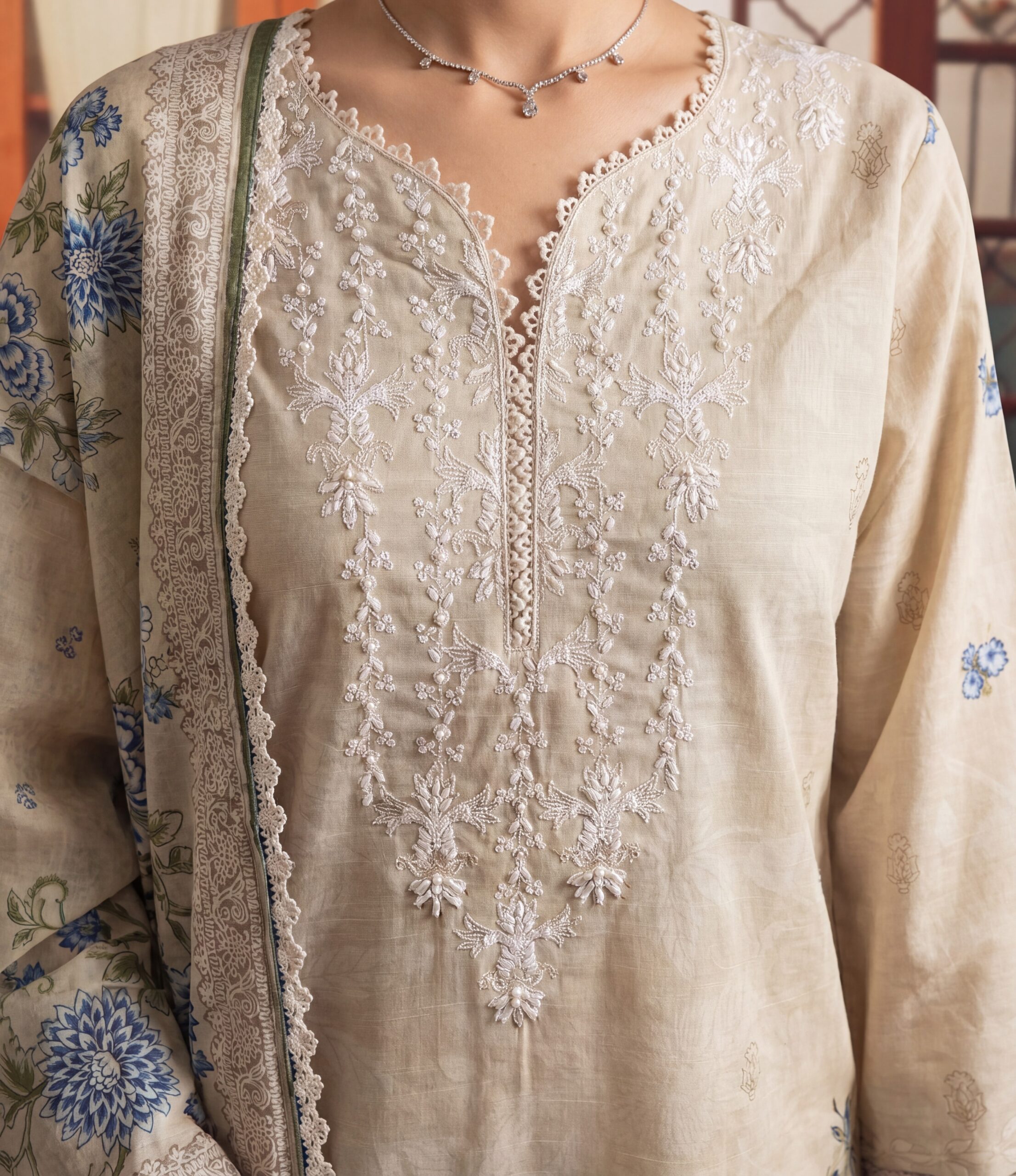 FB-336 | Dusty Cream | 3 Pcs Unstitch With Cotton Trouser - Image 3