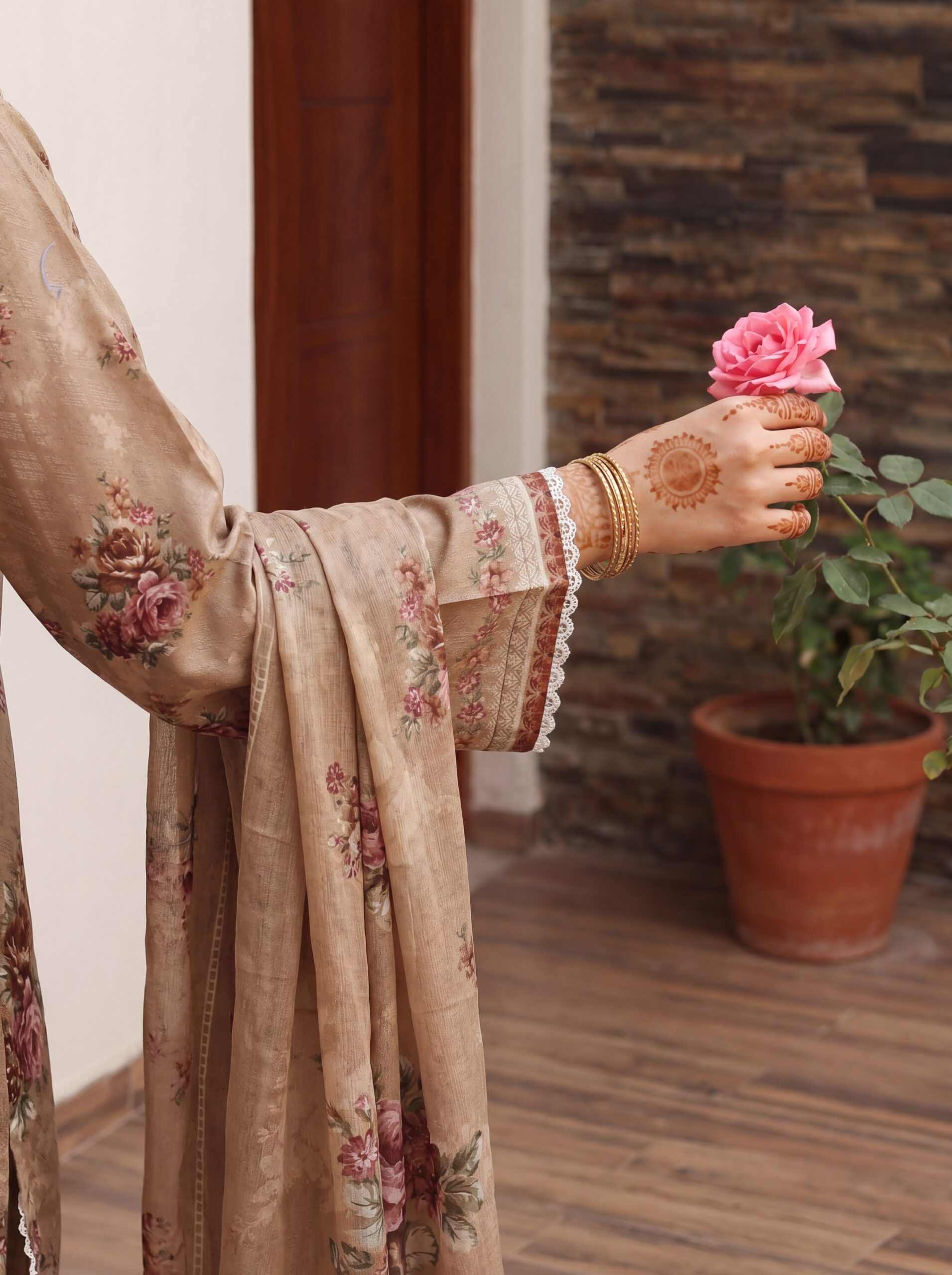 FB-337 | Warm Beige | 3 Pcs Unstitch With Cotton Trouser - Image 4
