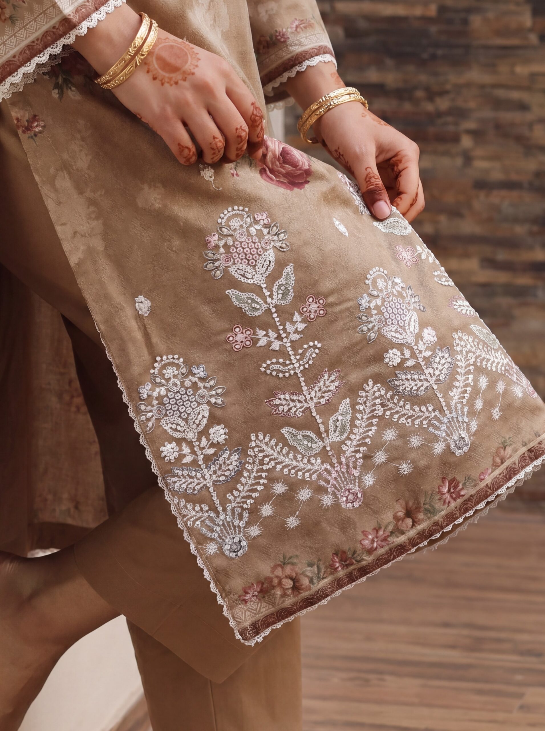 FB-337 | Warm Beige | 3 Pcs Unstitch With Cotton Trouser - Image 3