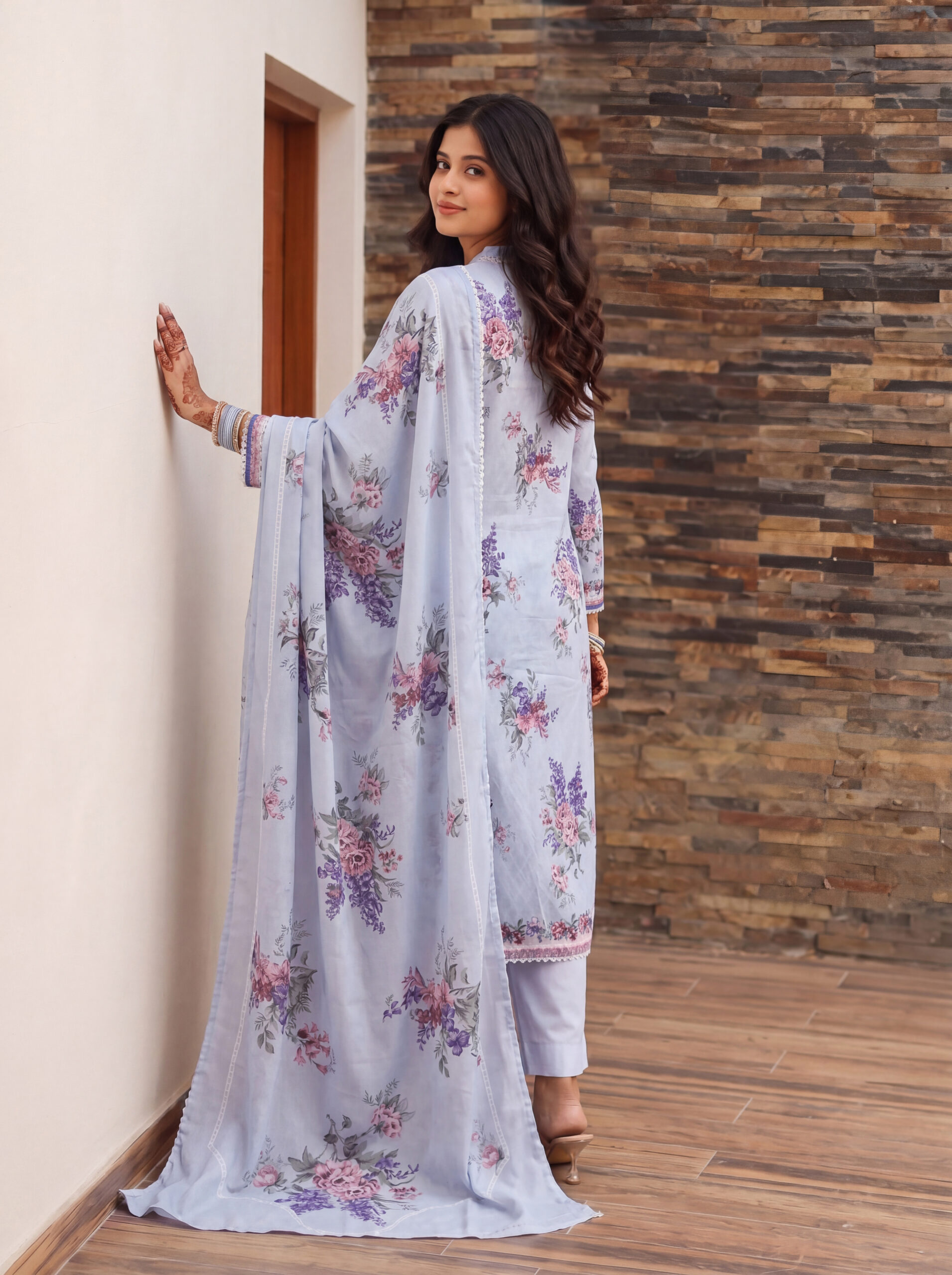 FB-337 | Sky Petal | 3 Pcs Unstitch With Cotton Trouser - Image 2