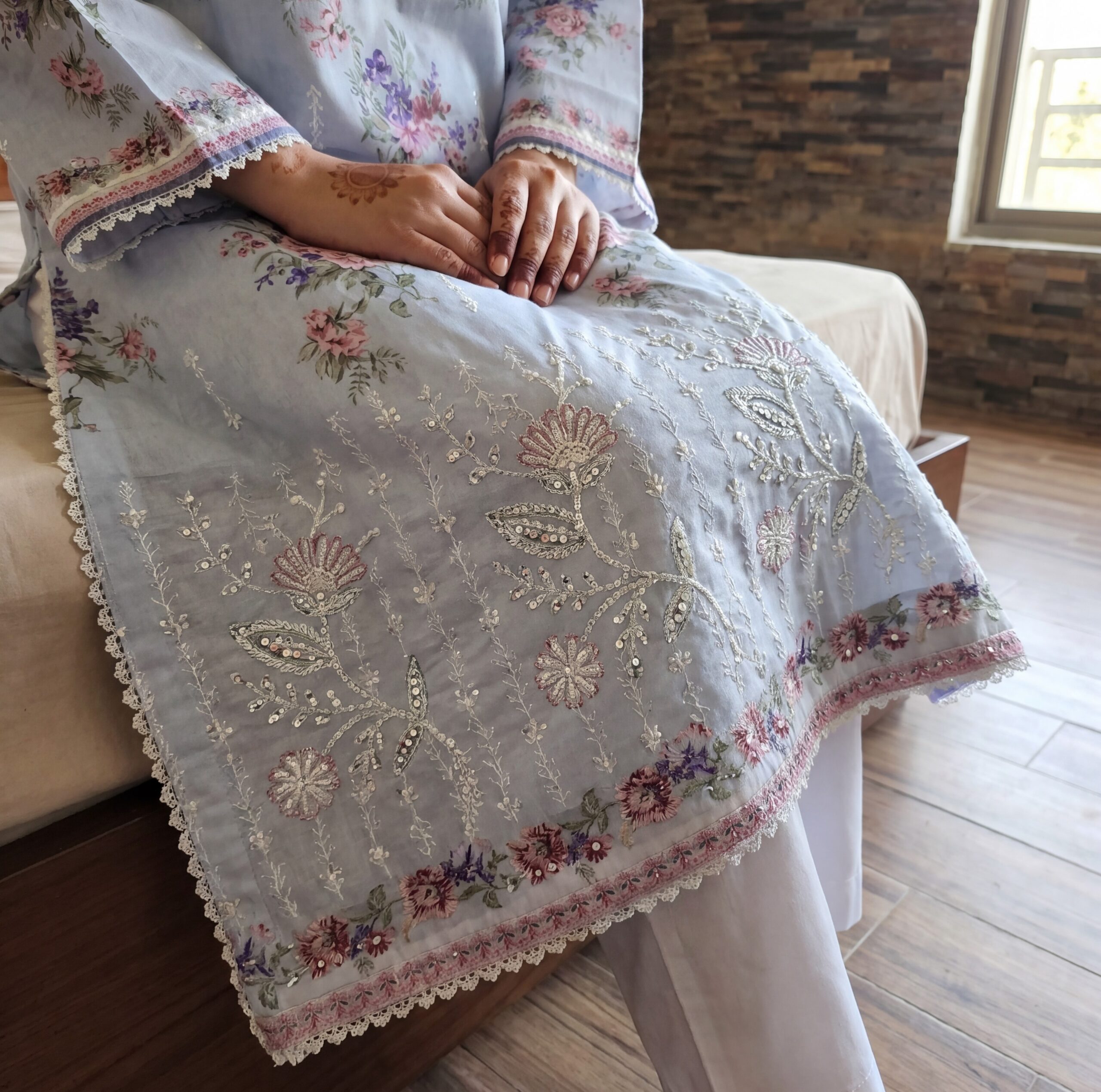 FB-337 | Sky Petal | 3 Pcs Unstitch With Cotton Trouser - Image 3
