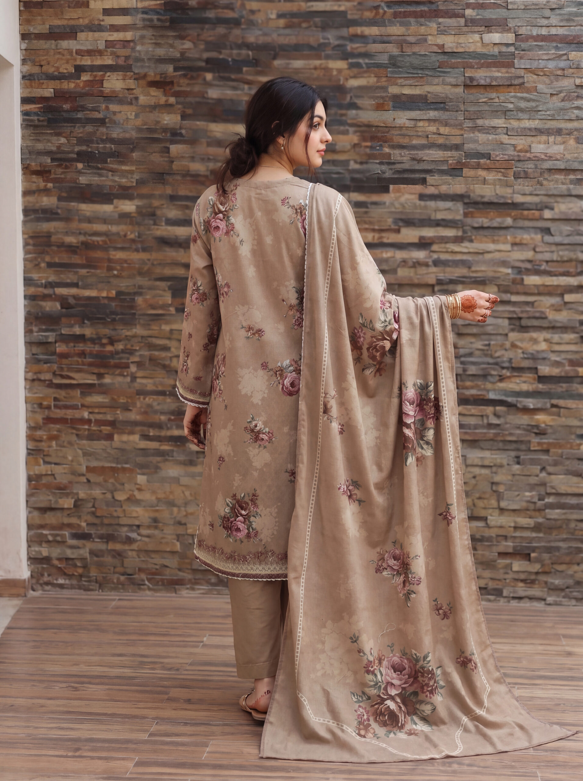 FB-337 | Warm Beige | 3 Pcs Unstitch With Cotton Trouser - Image 2