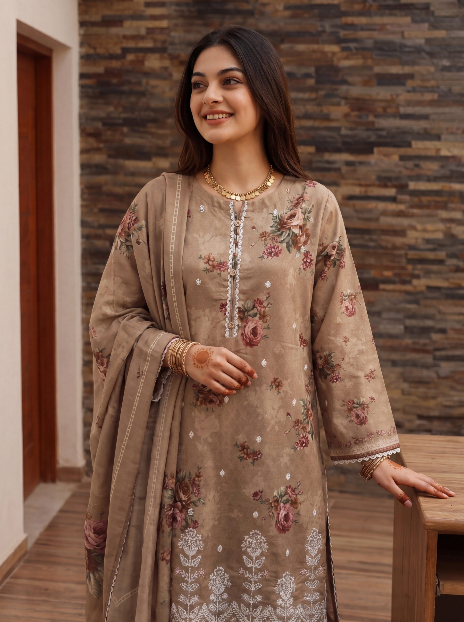 FB-337 | Warm Beige | 3 Pcs Unstitch With Cotton Trouser - Image 5
