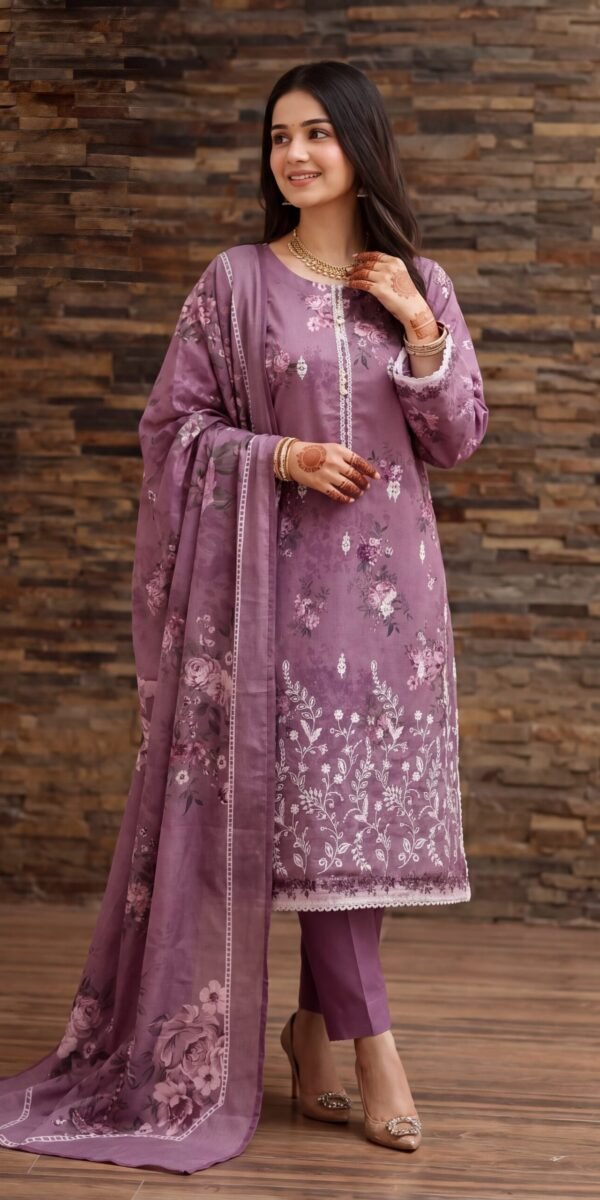 FB-338 | Dusty Lavender | 3 Pcs Unstitch With Cotton Trouser