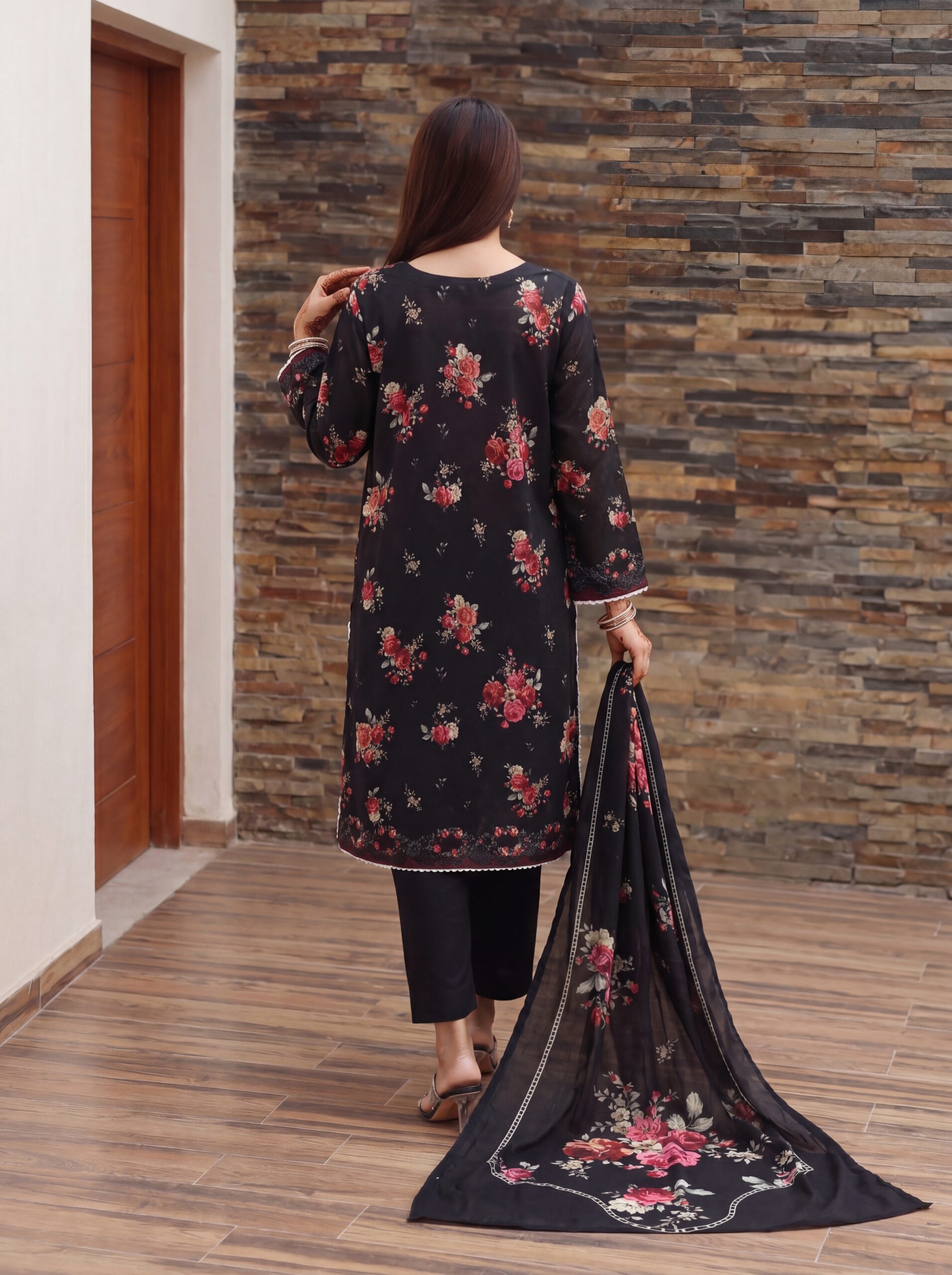 FB-338 | Crimson Noir | 3 Pcs Unstitch With Cotton Trouser - Image 2