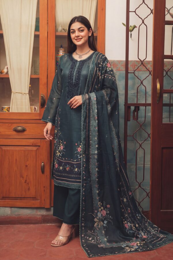 FB-338 | Midnight Teal Floral | 3 Pcs Unstitch With Cotton Trouser