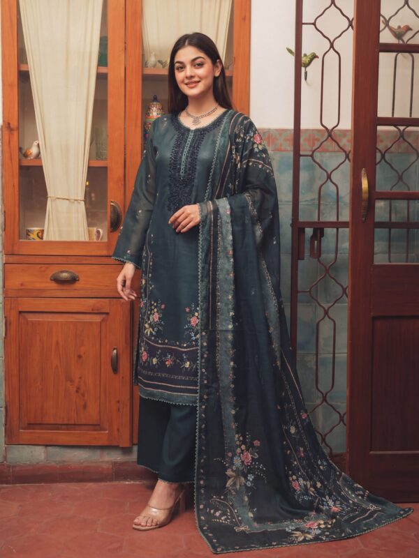 FB-338 | Midnight Teal Floral | 3 Pcs Unstitch With Cotton Trouser