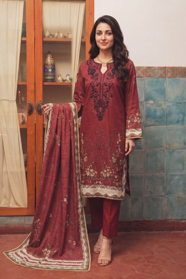 FB-339 | Ruby Maroon | 3 Pcs Unstitch With Cotton Trouser