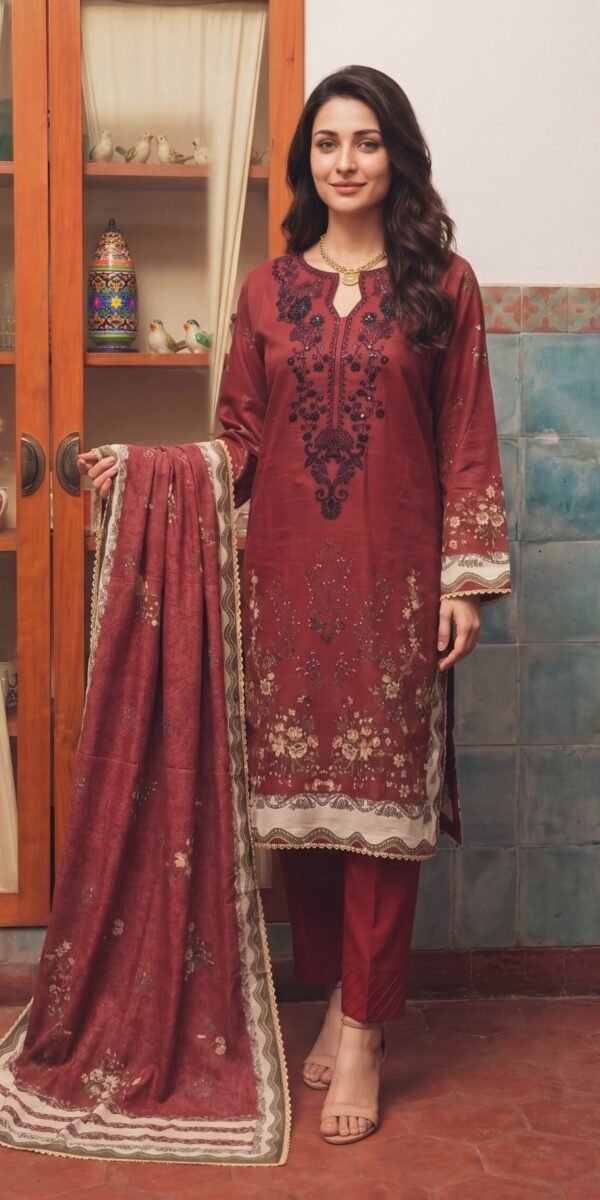 FB-339 | Ruby Maroon | 3 Pcs Unstitch With Cotton Trouser
