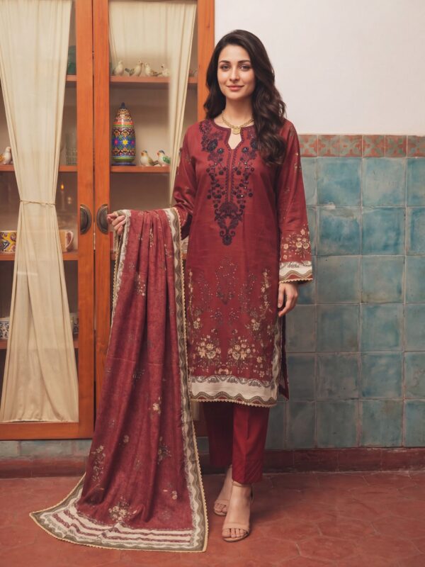 FB-339 | Ruby Maroon | 3 Pcs Unstitch With Cotton Trouser