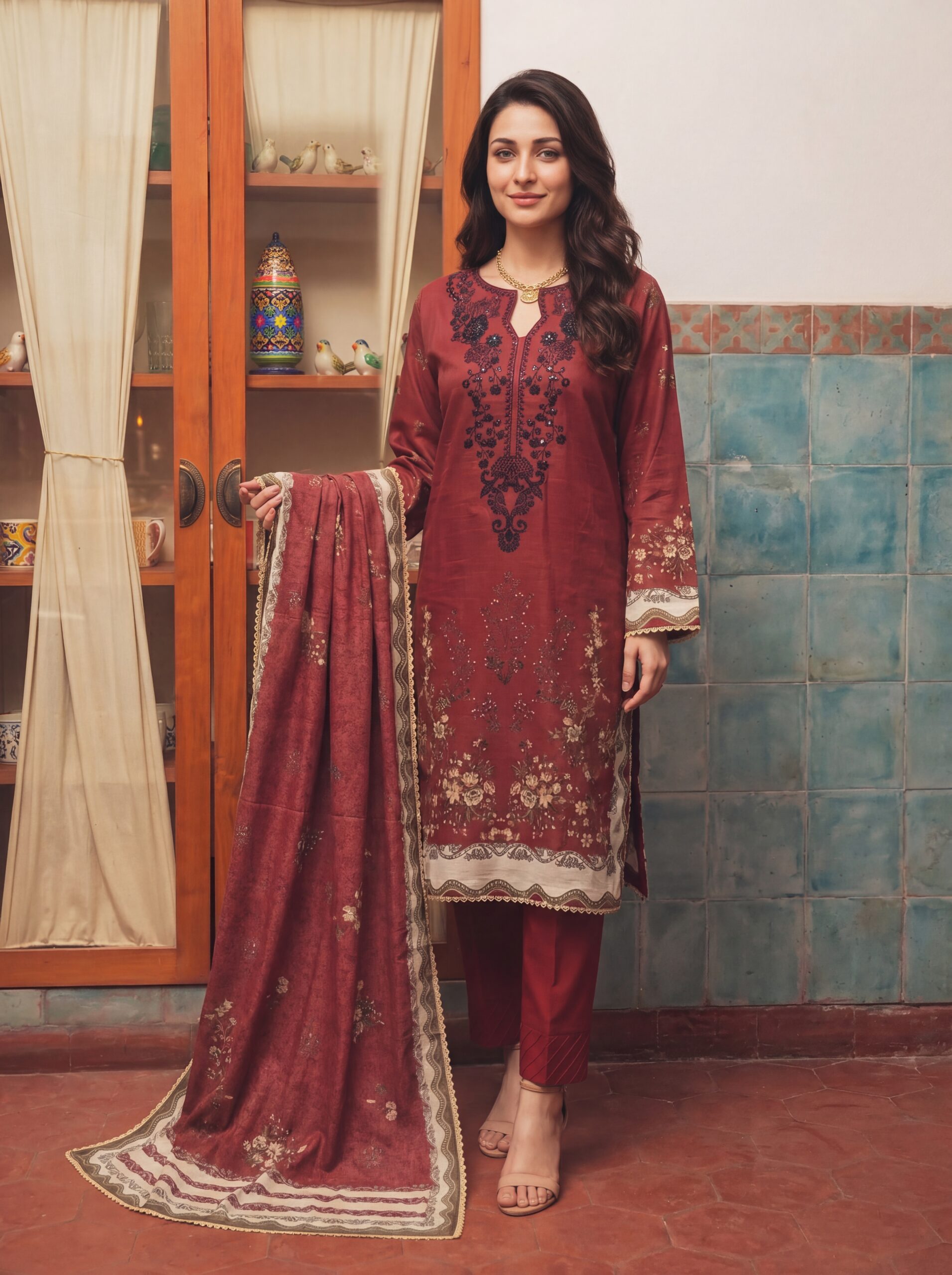 FB-339 | Ruby Maroon | 3 Pcs Unstitch With Cotton Trouser