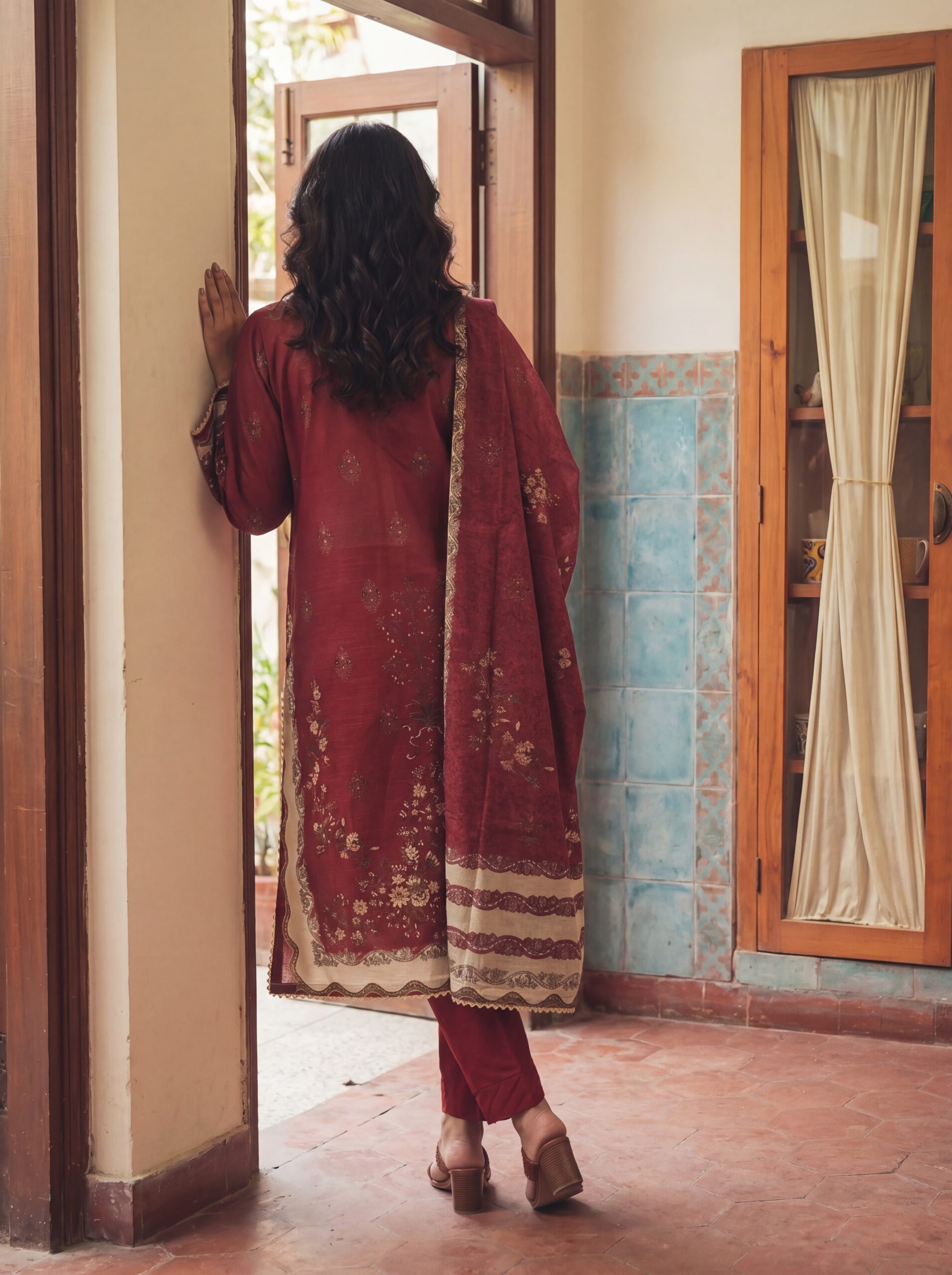 FB-339 | Ruby Maroon | 3 Pcs Unstitch With Cotton Trouser - Image 2