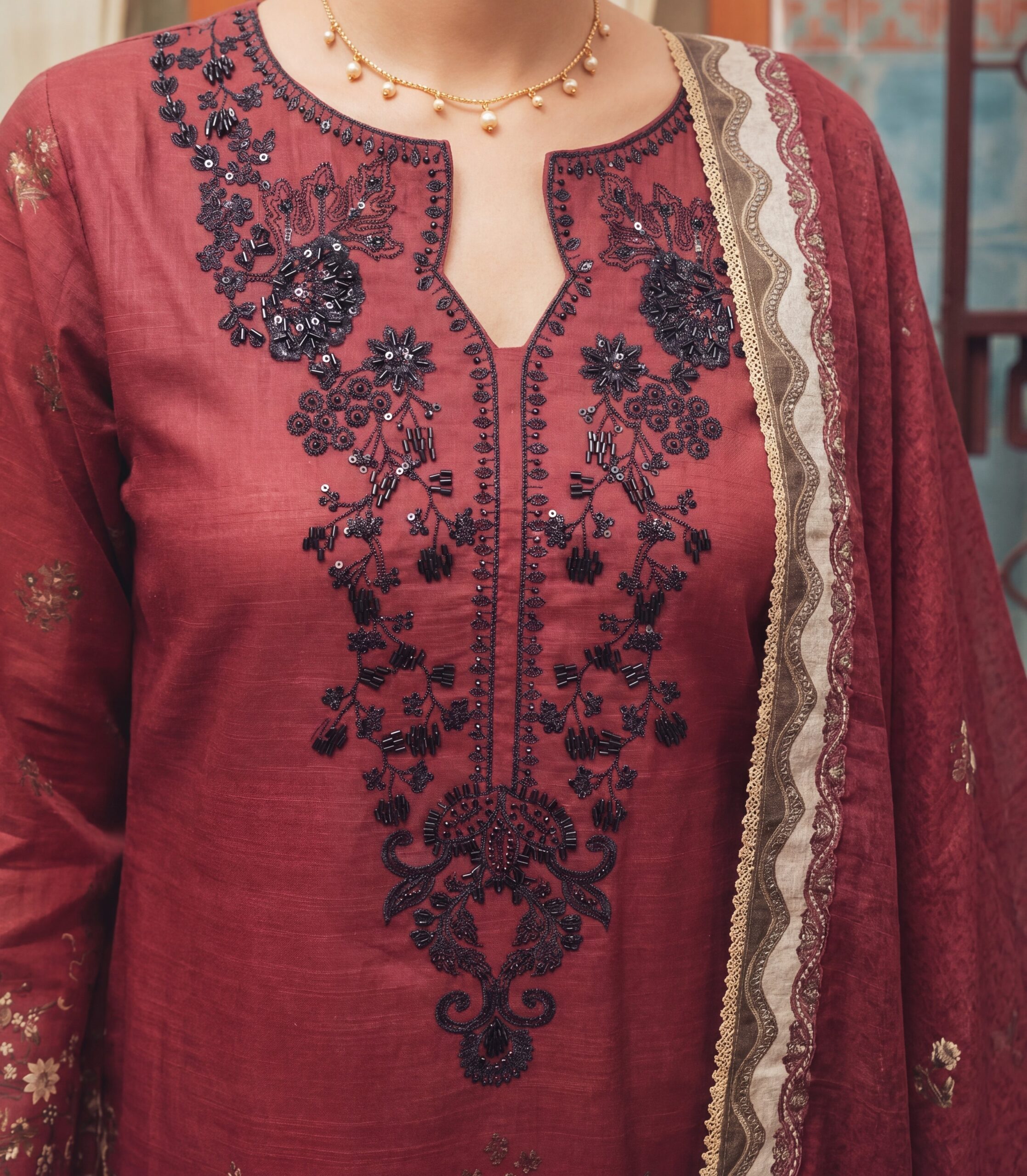 FB-339 | Ruby Maroon | 3 Pcs Unstitch With Cotton Trouser - Image 3