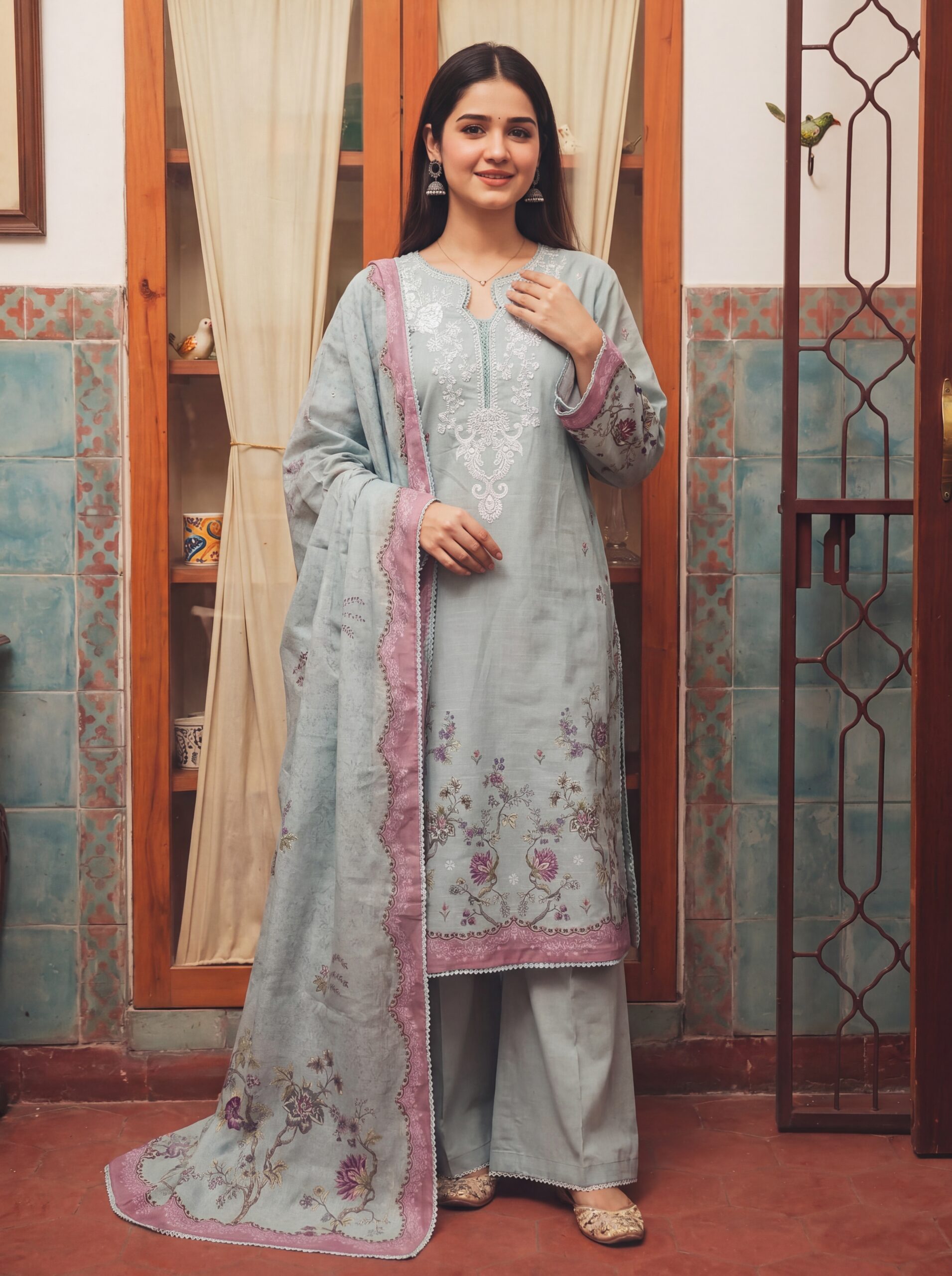 FB-340 | Pista Floral | 3 Pcs Unstitch With Cotton Trouser