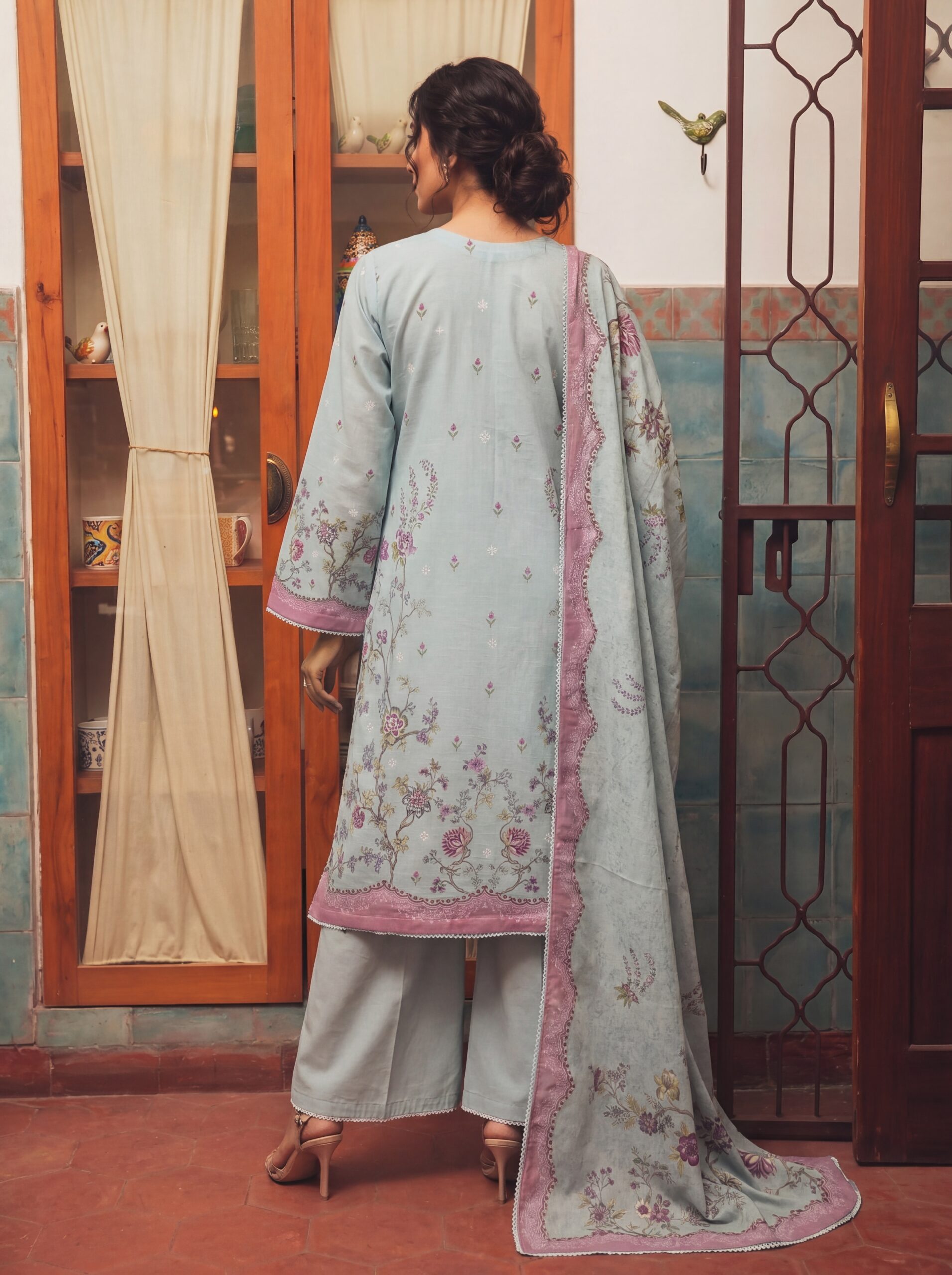 FB-340 | Pista Floral | 3 Pcs Unstitch With Cotton Trouser - Image 2