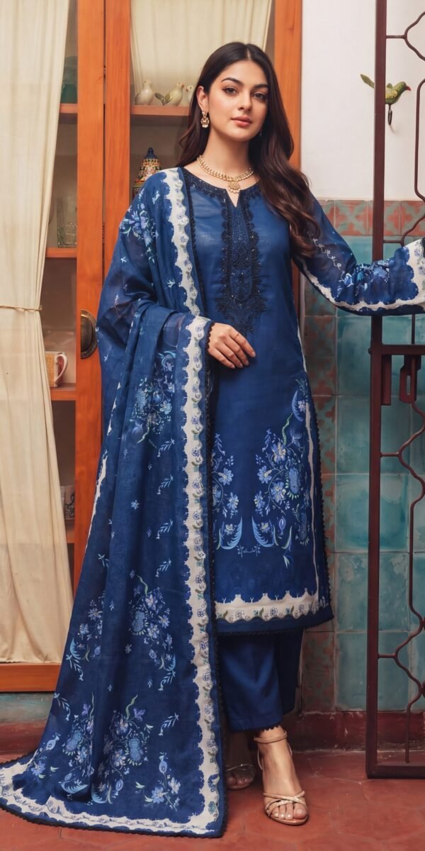 FB-341 | Deep Navy Blue | 3 Pcs Unstitch With Cotton Trouser