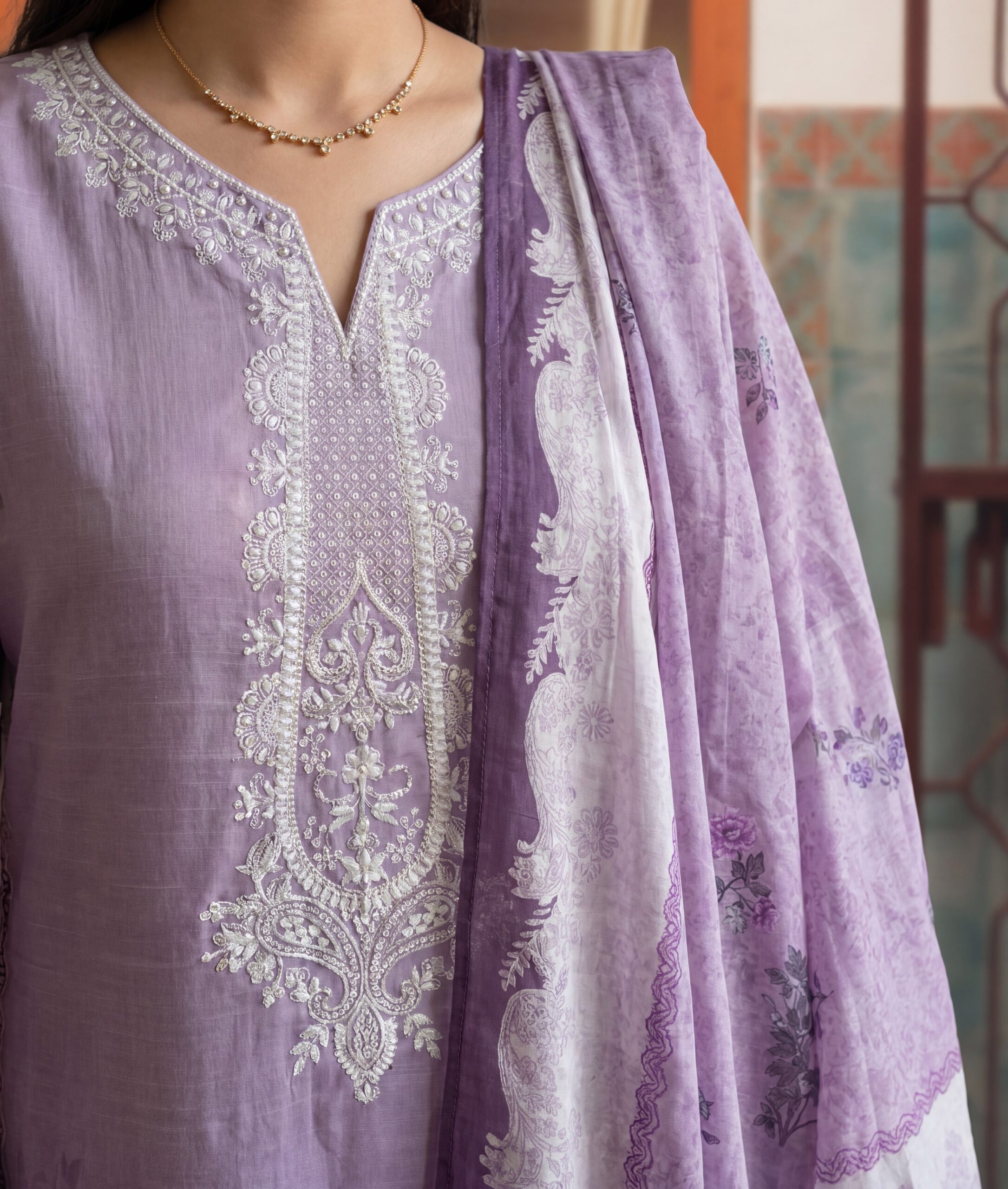 FB-342 | Soft Lavender | 3 Pcs Unstitch With Cotton Trouser - Image 3