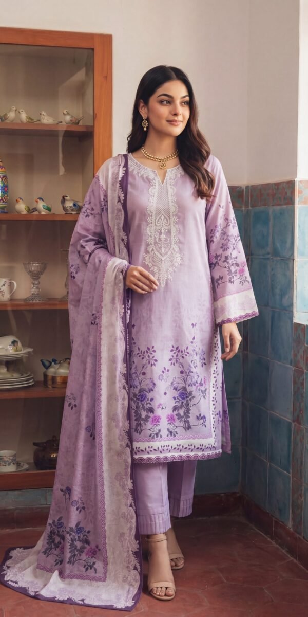 FB-342 | Soft Lavender | 3 Pcs Unstitch With Cotton Trouser