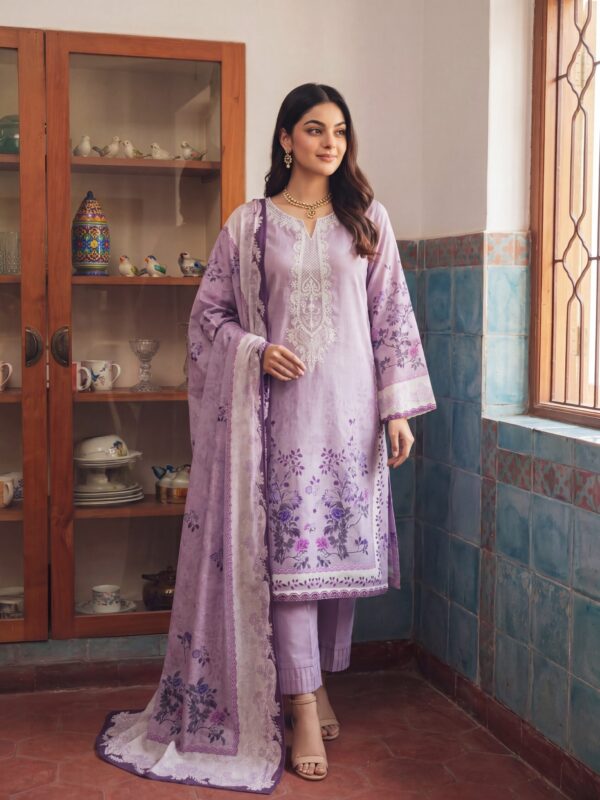 FB-342 | Soft Lavender | 3 Pcs Unstitch With Cotton Trouser