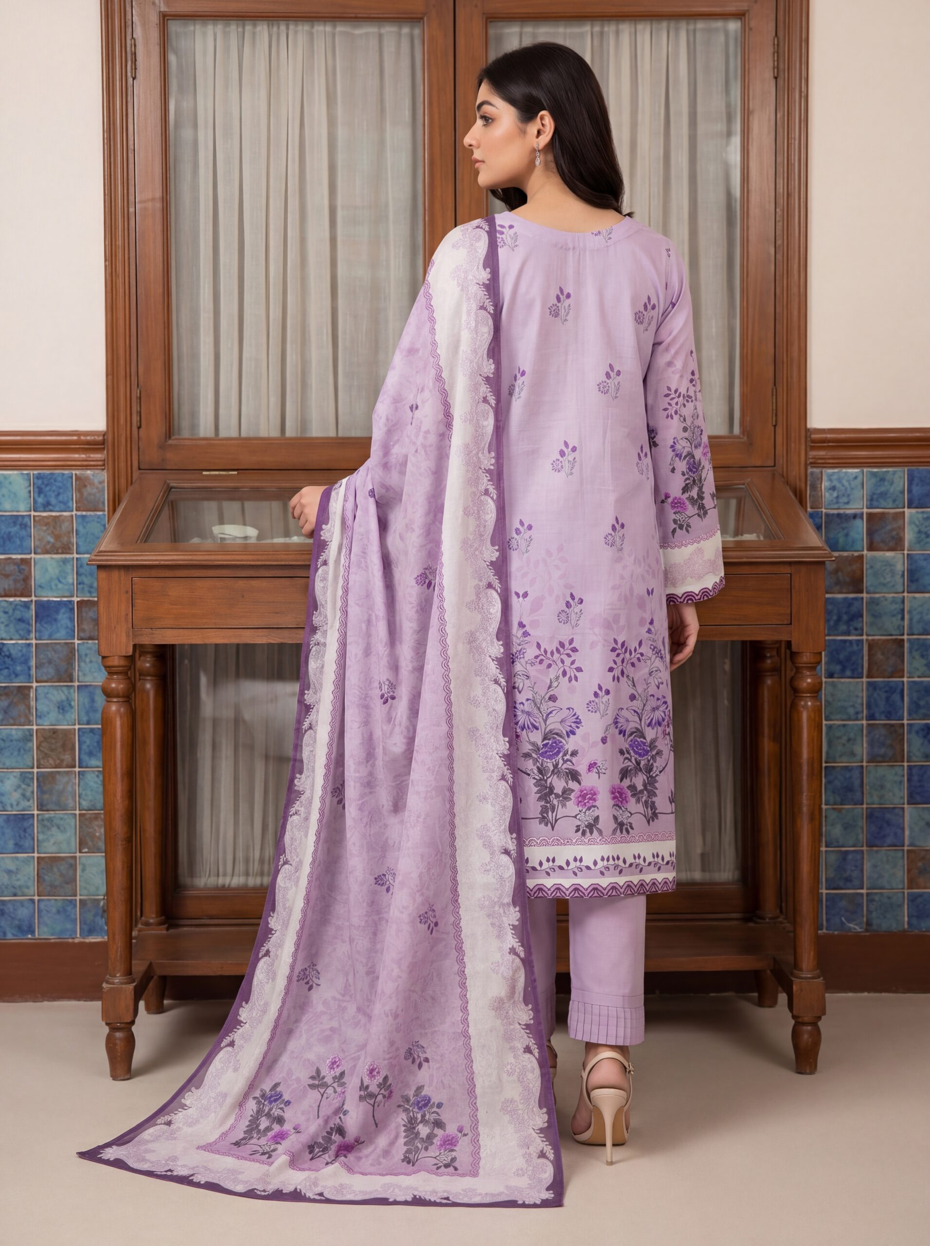 FB-342 | Soft Lavender | 3 Pcs Unstitch With Cotton Trouser - Image 2