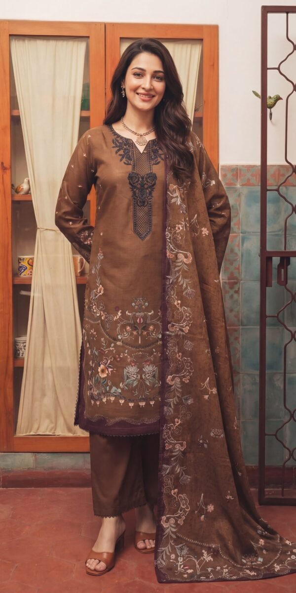 FB-343 | Rich Brown | 3 Pcs Unstitch With Cotton Trouser