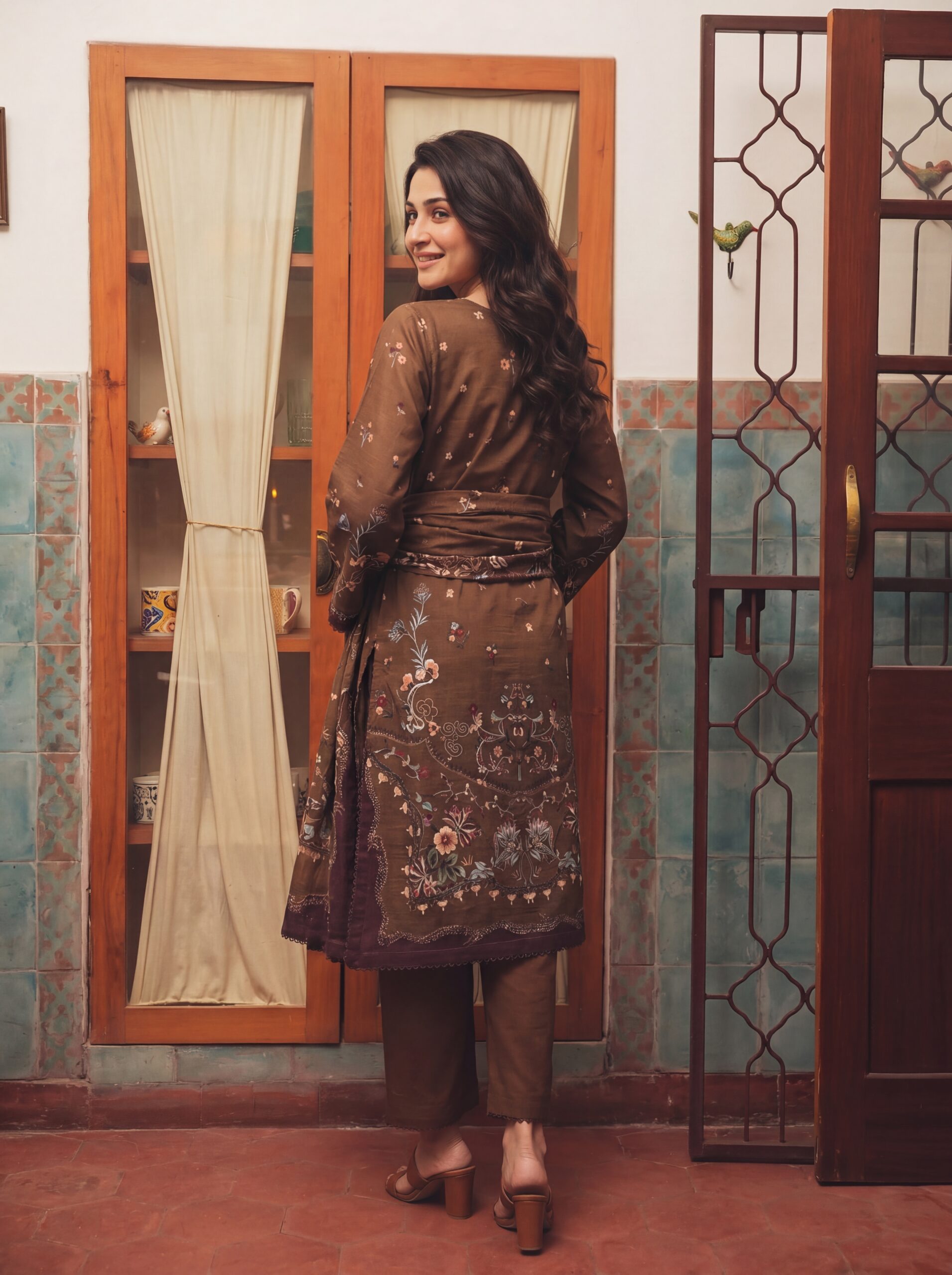 FB-343 | Rich Brown | 3 Pcs Unstitch With Cotton Trouser - Image 2
