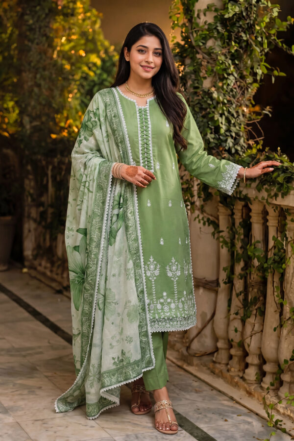 FB-351 | Olive Sage Green | 3 Pcs Unstitch With Cotton Trouser