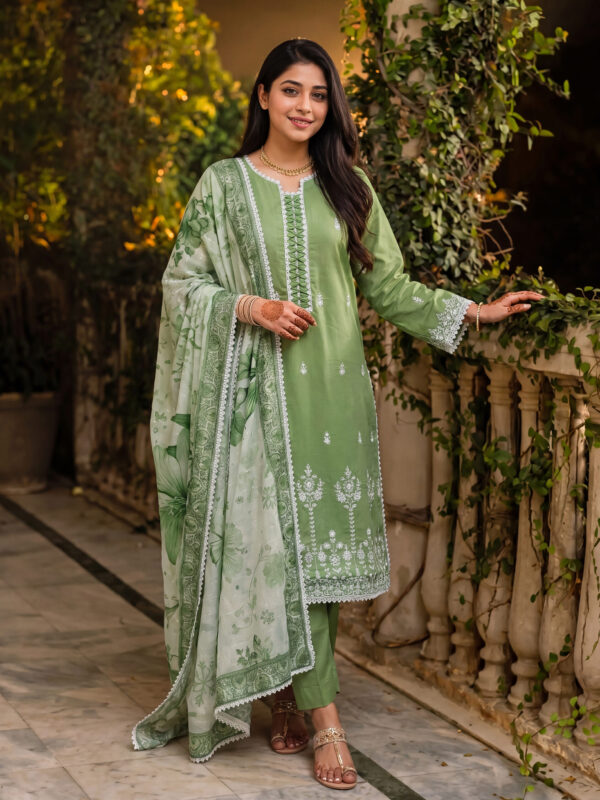 FB-351 | Olive Sage Green | 3 Pcs Unstitch With Cotton Trouser