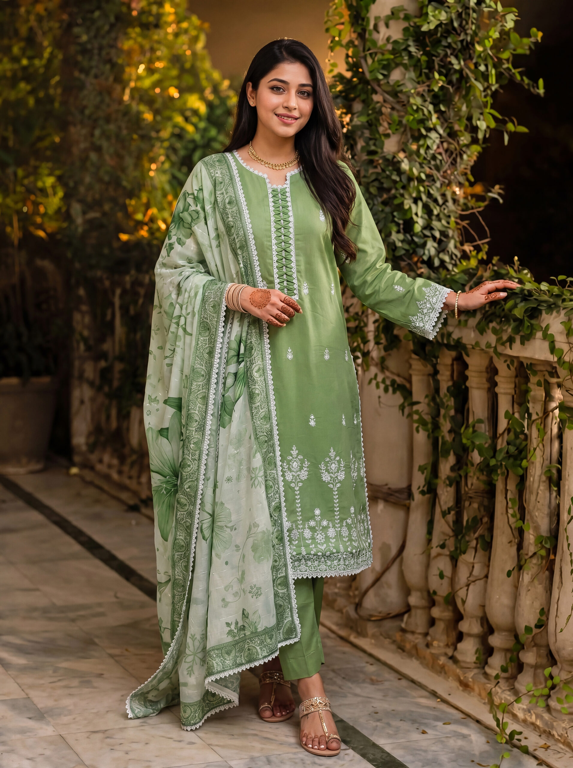FB-351 | Olive Sage Green | 3 Pcs Unstitch With Cotton Trouser