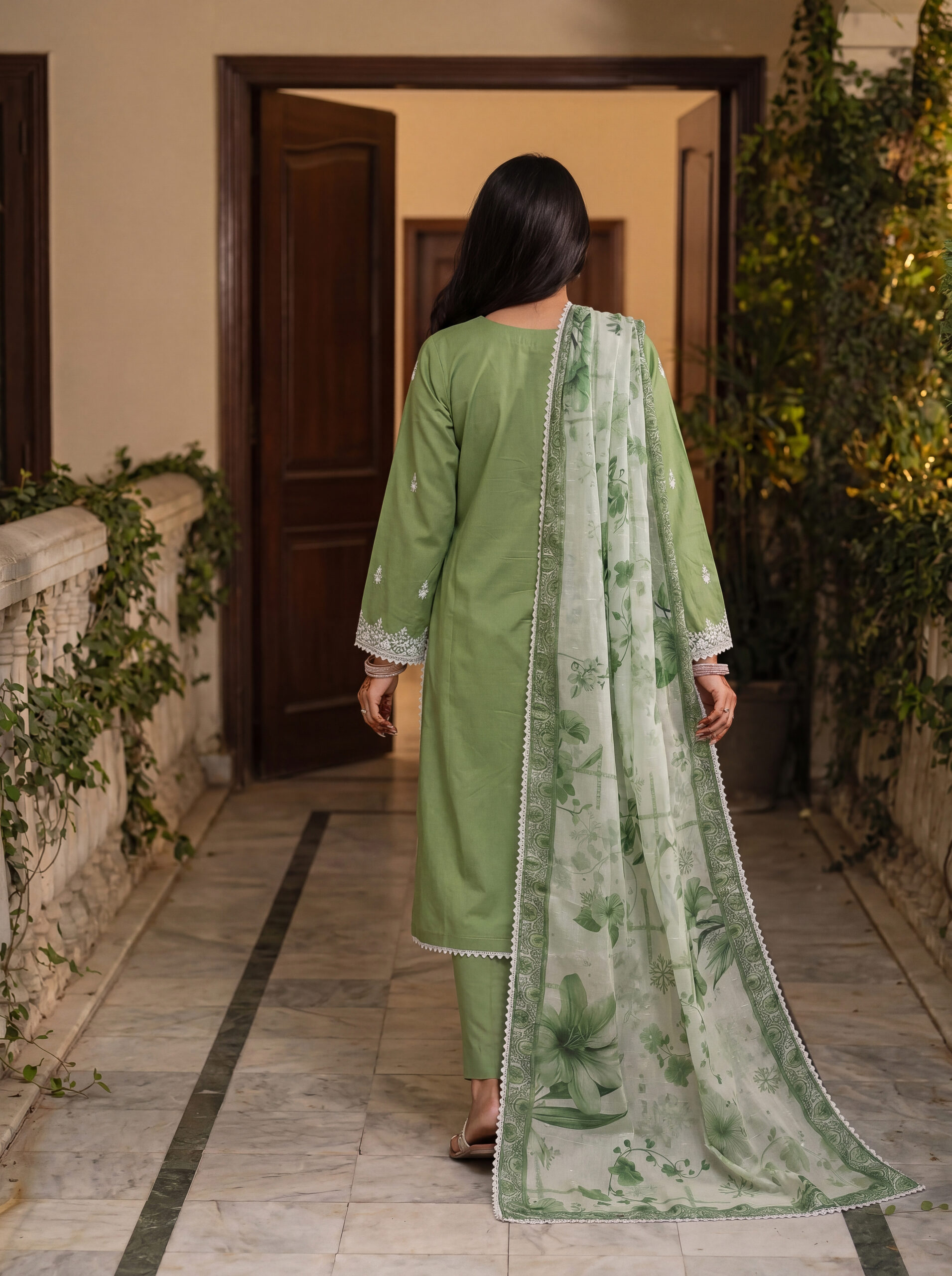 FB-351 | Olive Sage Green | 3 Pcs Unstitch With Cotton Trouser - Image 2