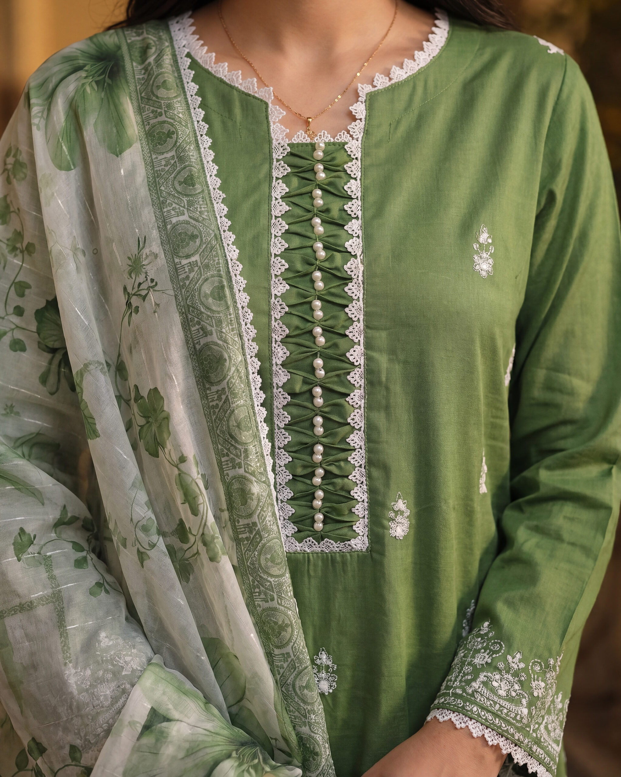 FB-351 | Olive Sage Green | 3 Pcs Unstitch With Cotton Trouser - Image 5