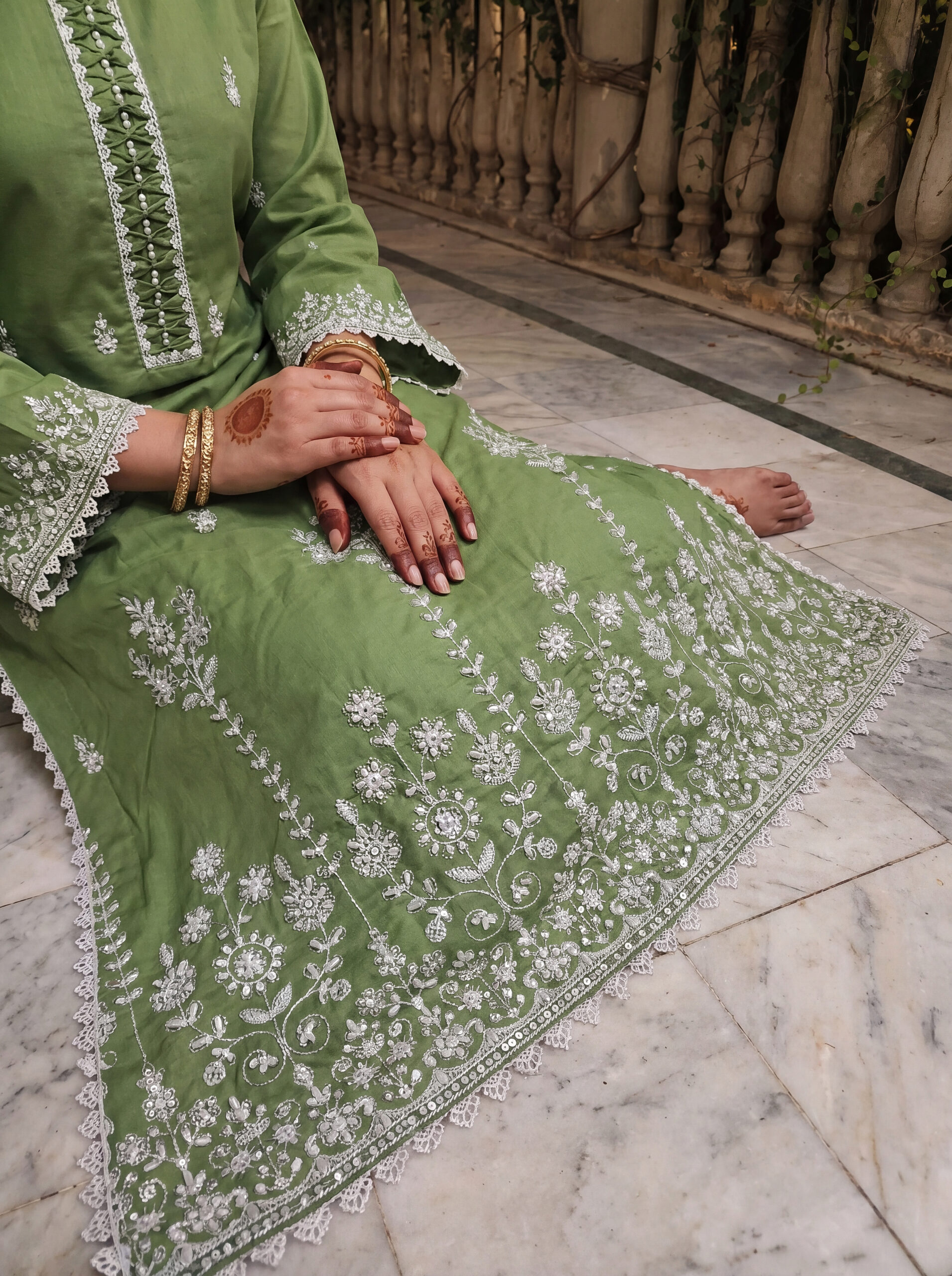 FB-351 | Olive Sage Green | 3 Pcs Unstitch With Cotton Trouser - Image 3
