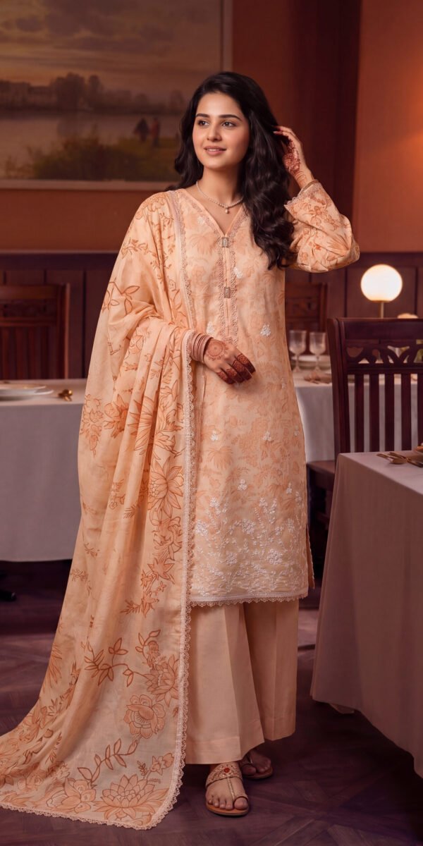FB-355 | Peach Beige | 3 Pcs Unstitch With Cotton Trouser