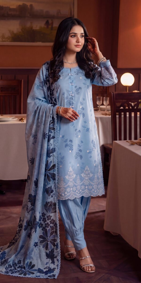 FB-356 | Sky Blue | 3 Pcs Unstitch With Cotton Trouser