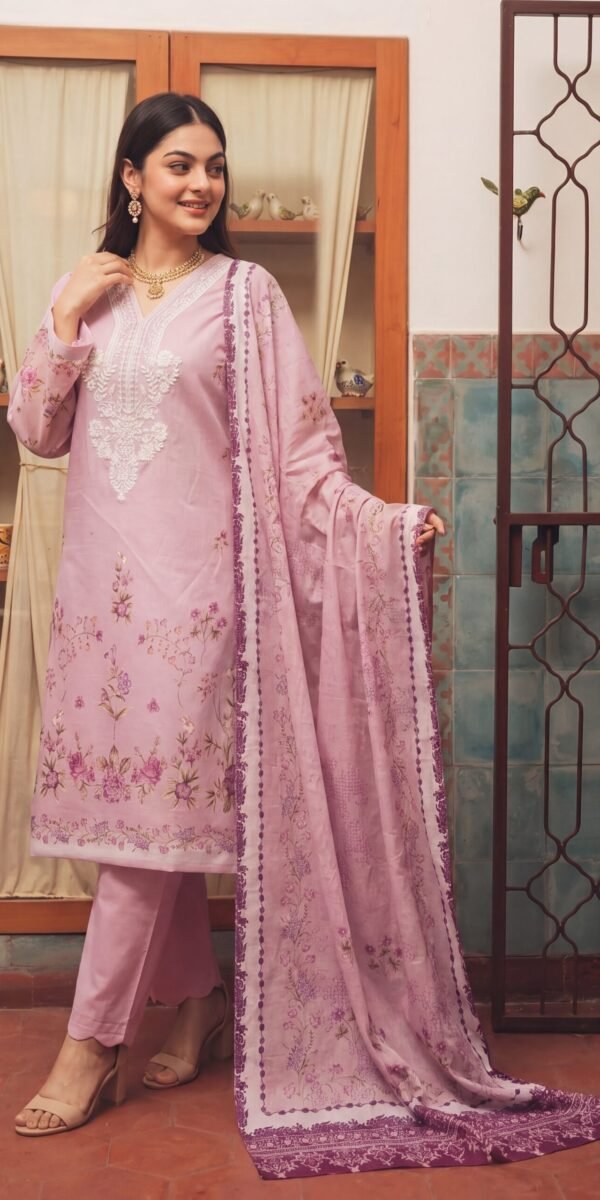 FB-337 | Floral Pink Mist | 3 Pcs Unstitch With Cotton Trouser